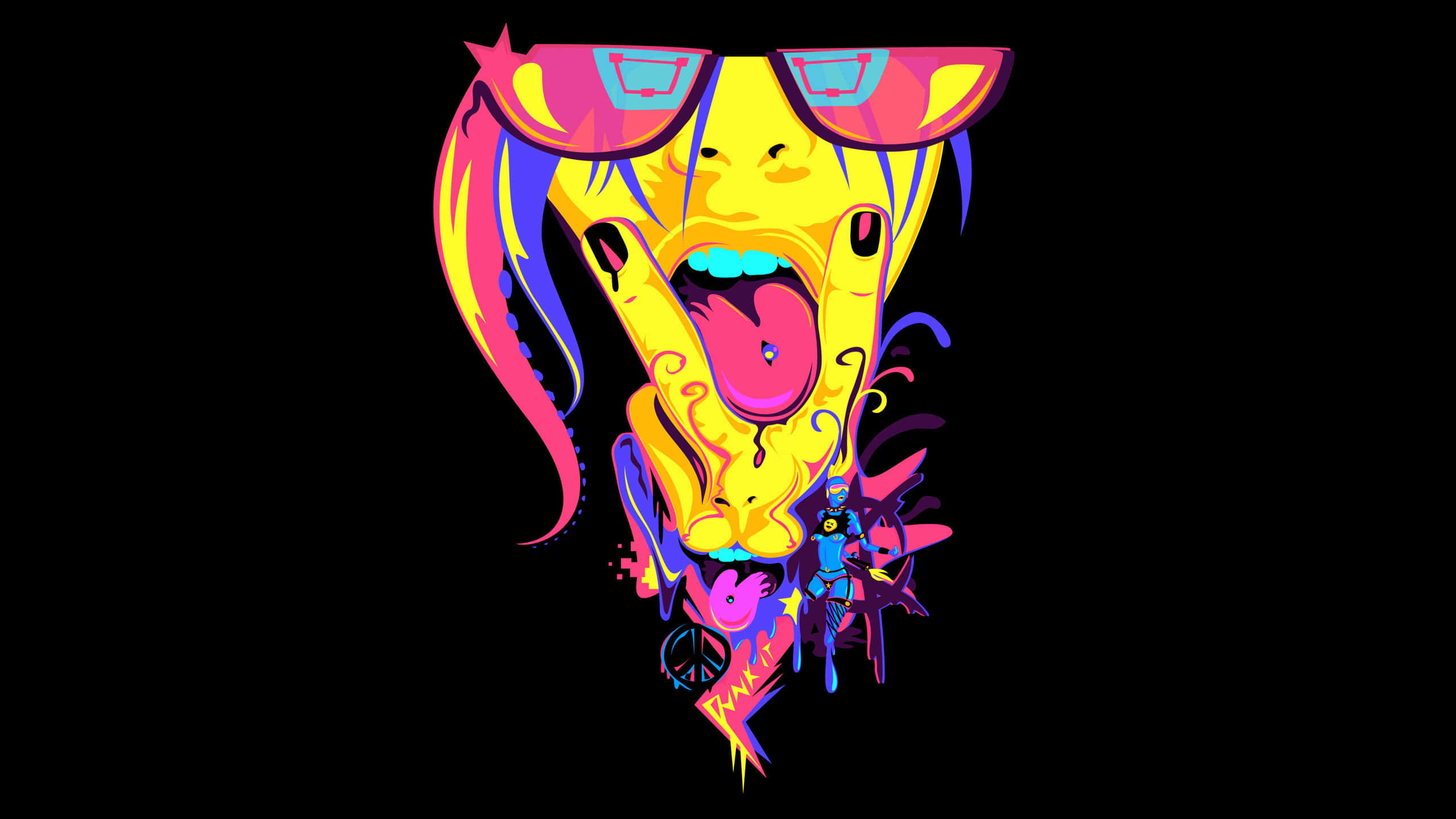 Tongue Out 桌布 壁紙 — 一個充滿活力的螢光黃色臉孔，戴著超大太陽眼鏡並伸出舌頭，在黑色背景上滴落色彩繽紛的塗鴉。