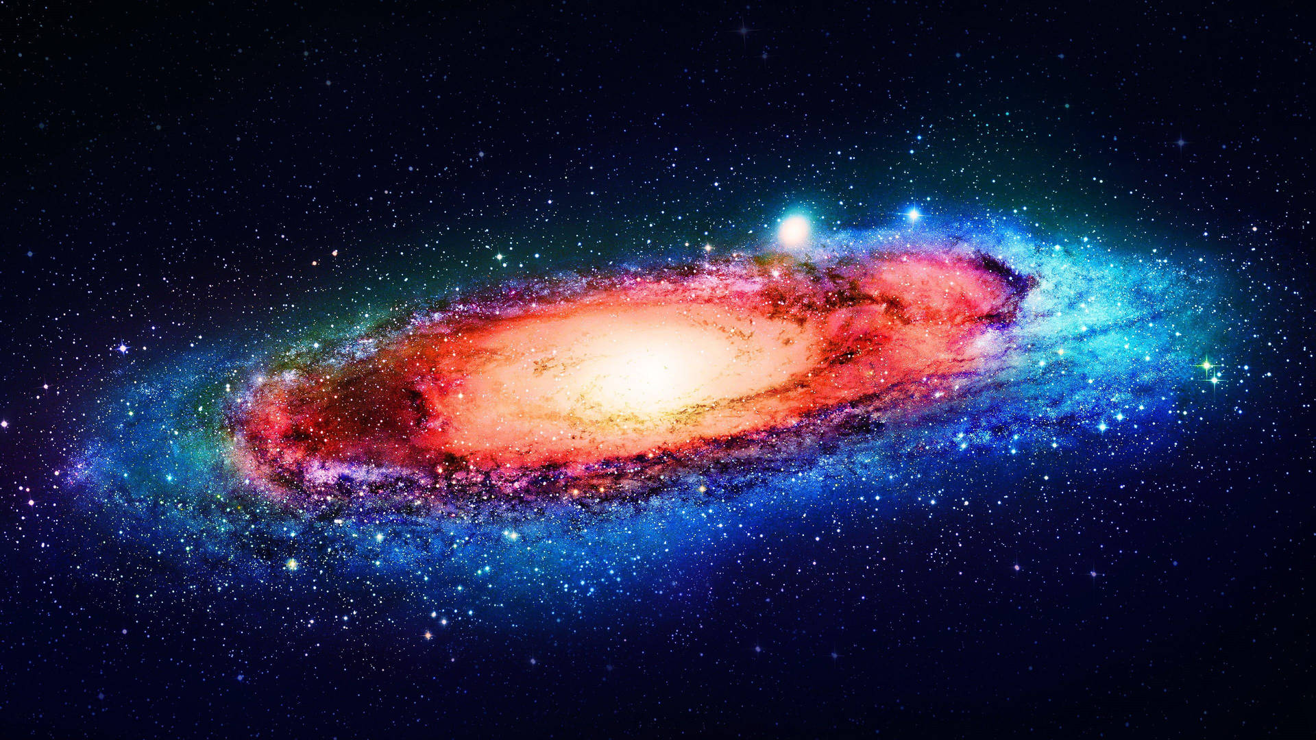 Stars 桌布 壁紙 — 一個充滿活力的螺旋星系，在佈滿星空的宇宙虛空中散發出火橙色和電光藍色的旋臂。