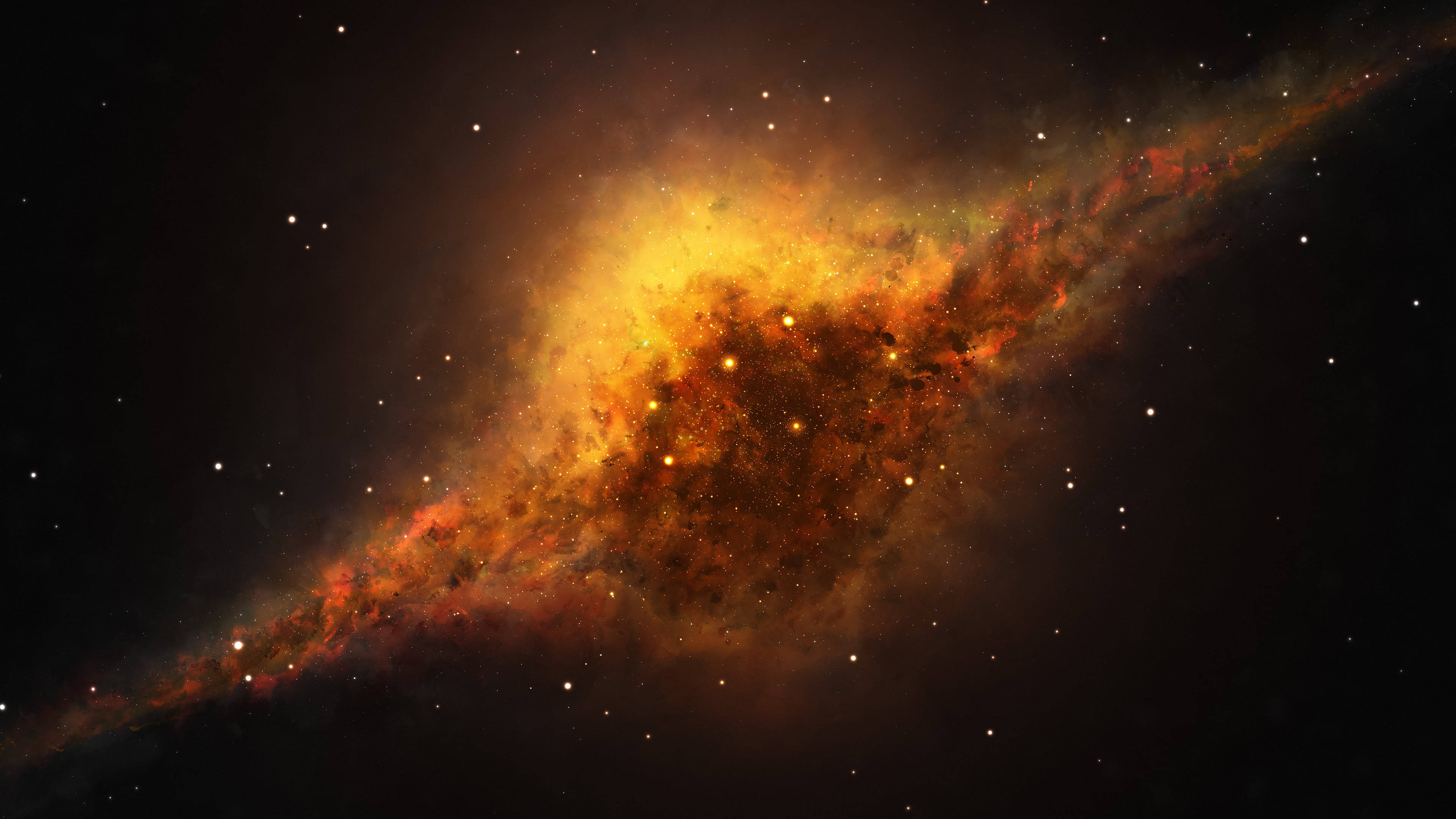 銀河 桌布 壁紙 — 一個充滿活力的螺旋星系，在佈滿星辰的宇宙虛空中，散發著火熱的橙色和黃色星雲光芒。