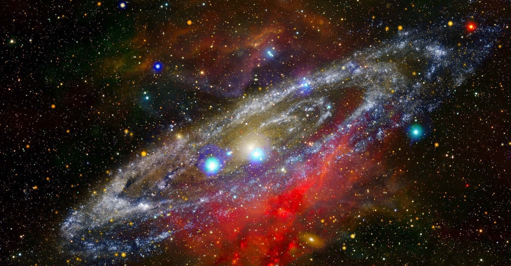Nasa Galaxy 桌布 壁紙 — 一個充滿活力的螺旋星系，在星場中旋轉著紅色、藍色和金色的星雲。