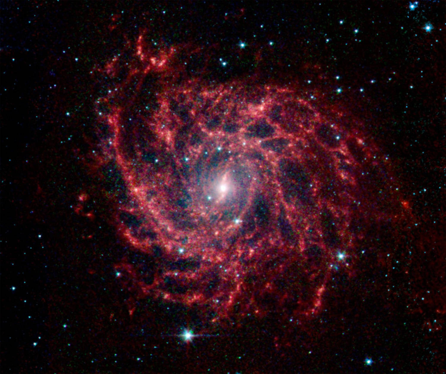 太空 桌布 壁紙 — 一個充滿活力的螺旋星系，在深邃的黑色宇宙虛空中旋轉，散發著熾熱的紅色星雲和明亮的藍色恆星。