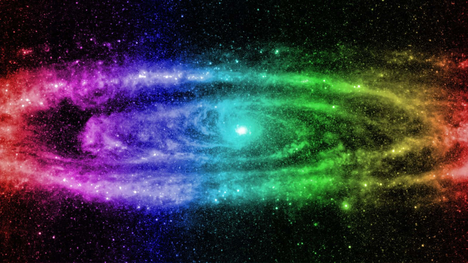Colorful Space 桌布 壁紙 — 一個充滿活力的螺旋星系，在繁星點點的宇宙背景下散發出紫色、綠色、藍色和紅色的彩虹色調。