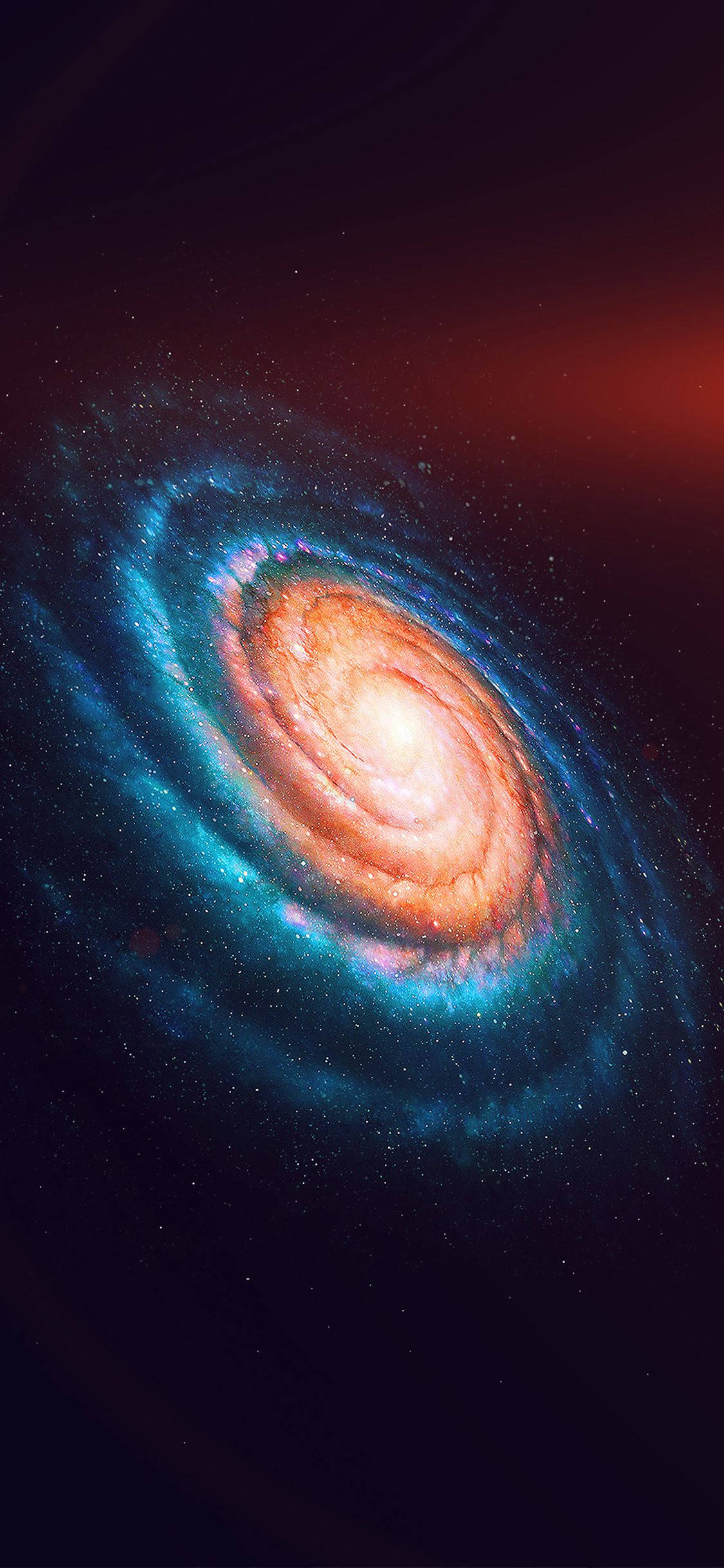 太空 iPhone 桌布 壁紙 — 一個充滿活力的螺旋星系，在黑暗的宇宙背景下，擁有發光的橙色核心和旋轉的藍色旋臂。