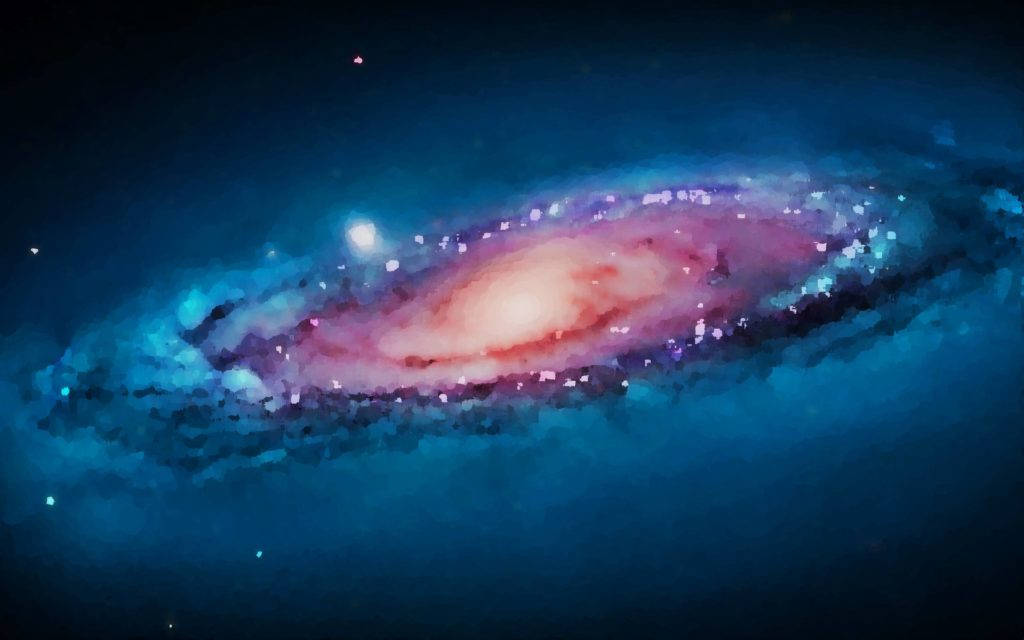 Mac Os 桌布 壁紙 — 一個充滿活力的螺旋星系，在點綴著星星的深邃宇宙背景下，旋轉著粉紅色和藍色的色調。