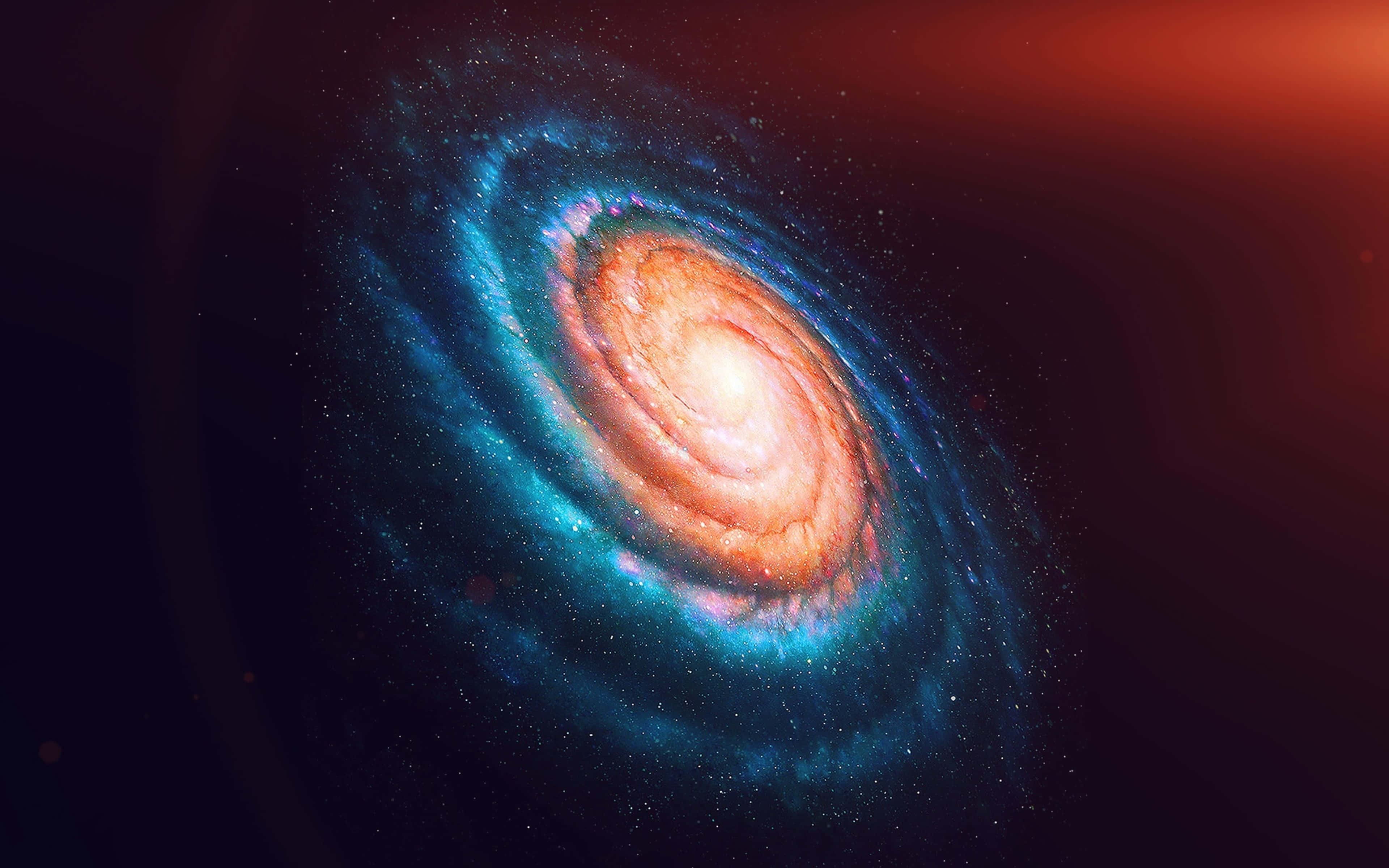 Galaxy Themed Paintings 桌布 壁紙 — 一個充滿活力的螺旋星系，帶有發光的橙色核心和旋轉的藍色旋臂，背景是黑暗的宇宙，帶有溫暖的紅色光芒。