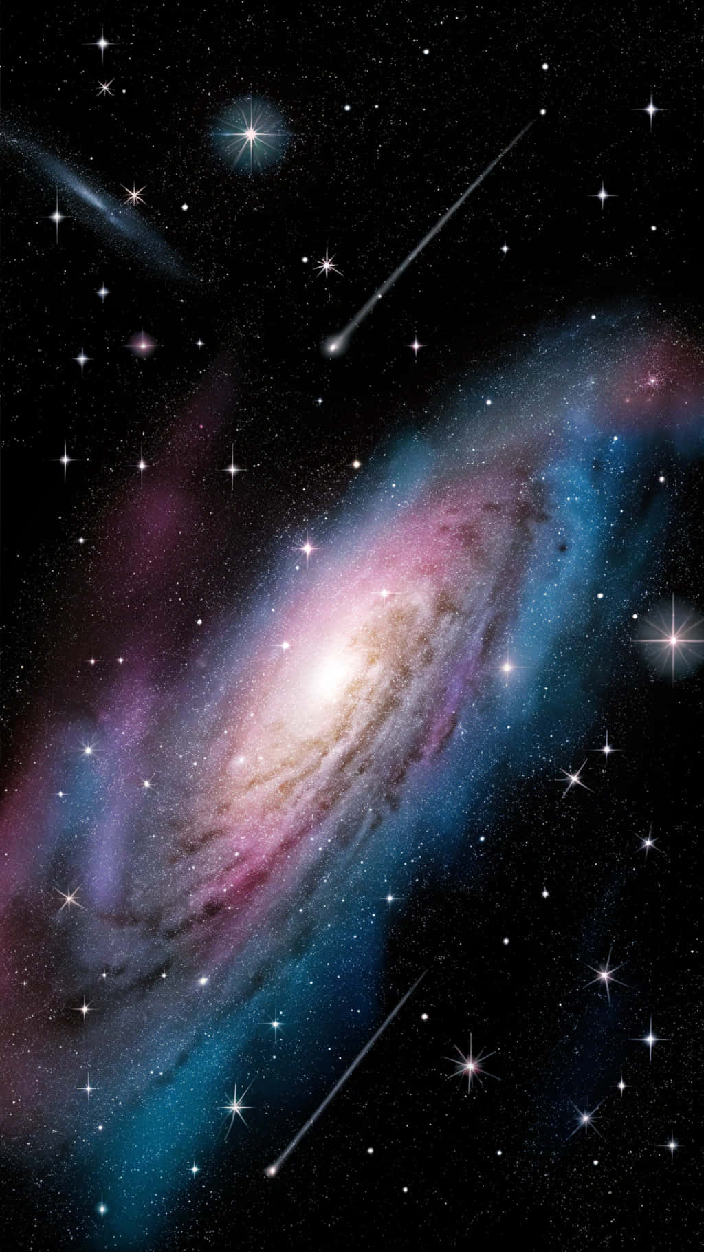 Stars 桌布 壁紙 — 一個充滿活力的螺旋星系，帶有粉紅色和藍色星雲，在星空中旋轉，被兩顆發光的流星劃破。
