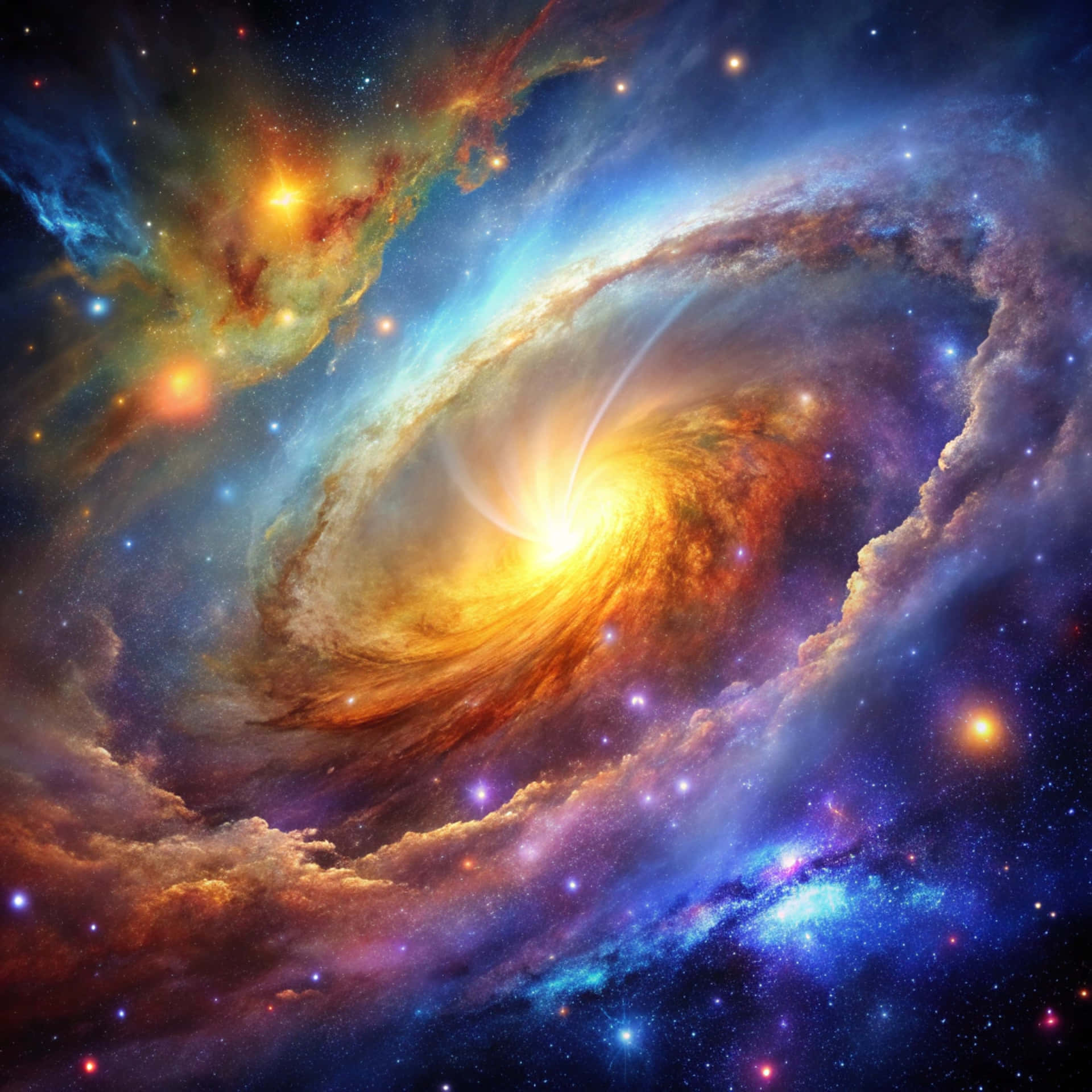 Galaxy background 壁紙 — 一個充滿活力的螺旋星系，金色核心和藍紫色星雲在星場中旋轉。