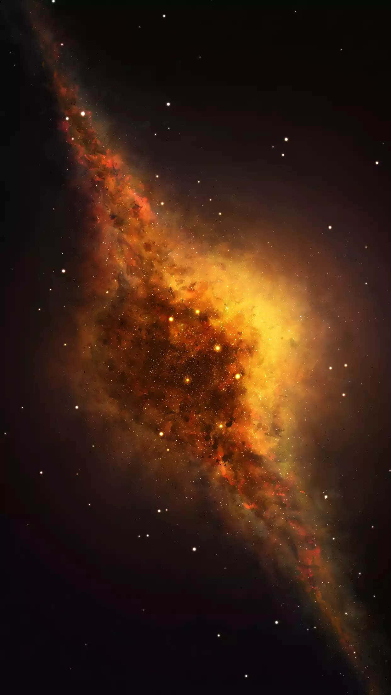 銀河 桌布 壁紙 — 一個充滿活力的螺旋星系在佈滿星點的宇宙虛空中散發出火熱的橙色和金色光芒。