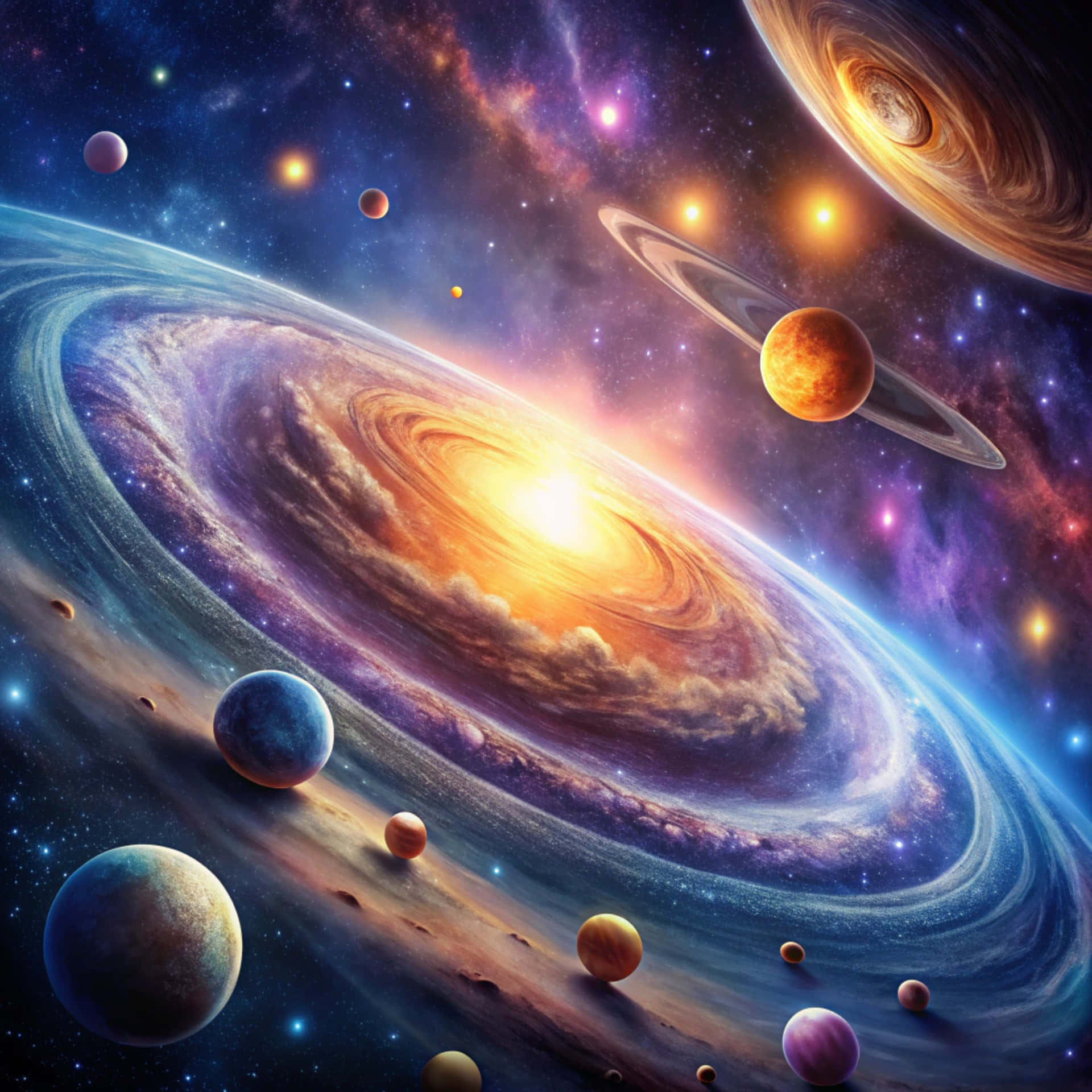 Epic Space Galaxy 壁紙 — 一個充滿活力的螺旋星系在充滿彩色行星和旋轉星雲的宇宙場景中心發光。