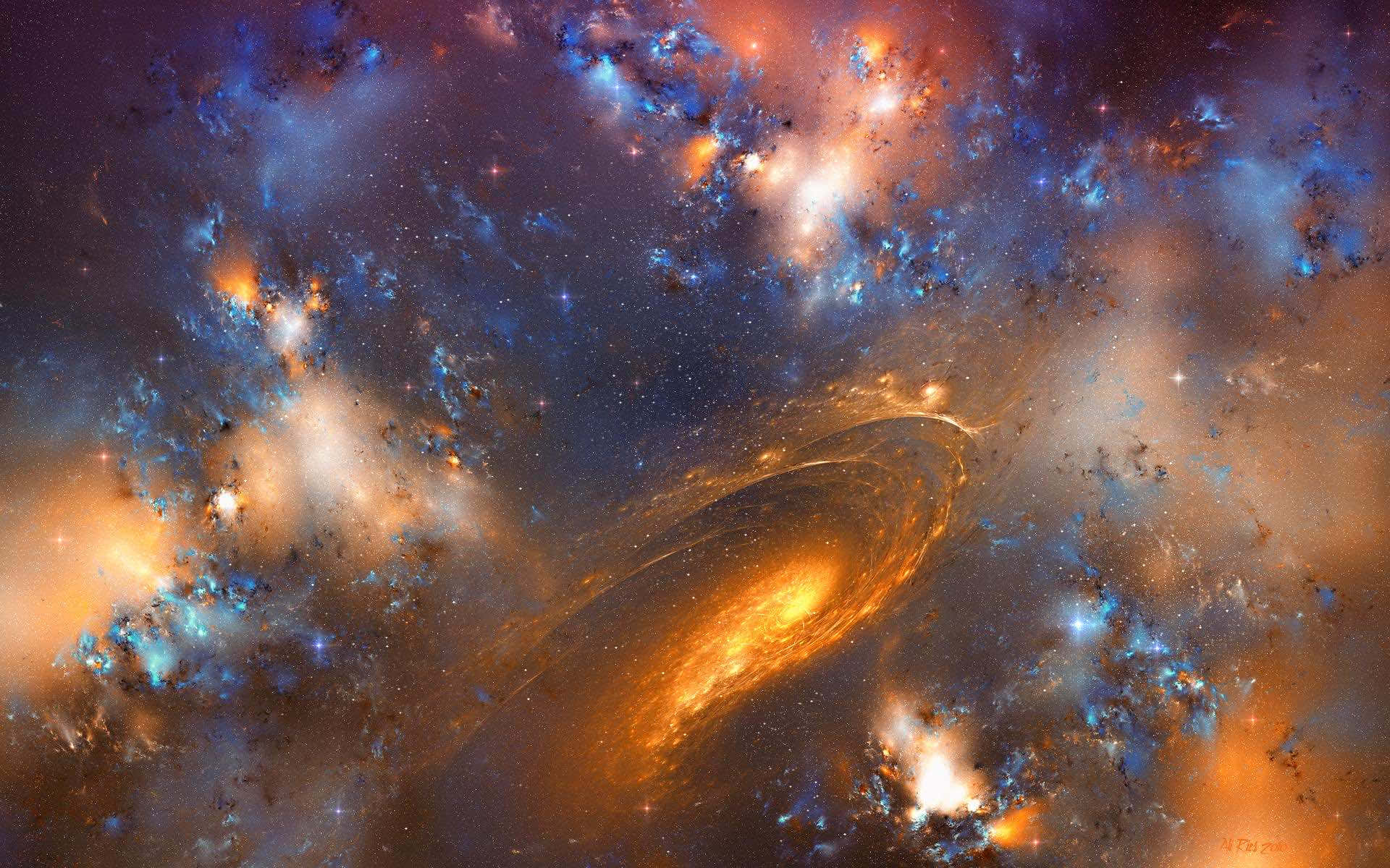 銀河 桌布 壁紙 — 一個充滿活力的螺旋星系在橙色、藍色和紫色的宇宙雲層中旋轉，閃爍的星星散佈各處。
