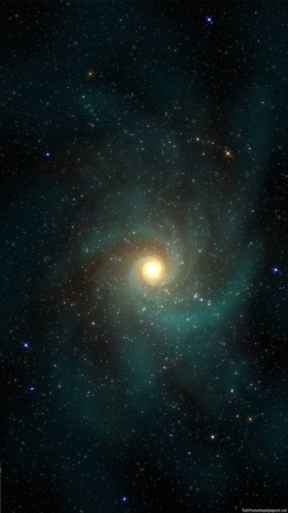 銀河 iPhone 桌布 壁紙 — 一個充滿活力的螺旋星系在深空星場中散發著藍綠色和金色的光芒。