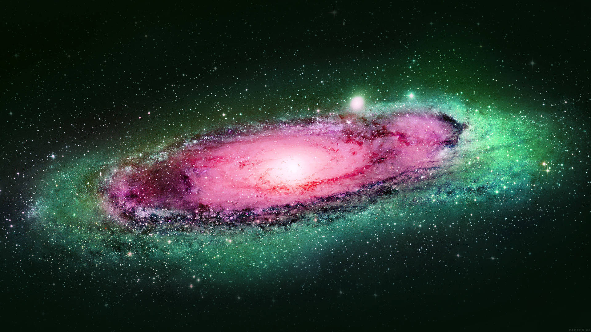 銀河 桌布 壁紙 — 一個充滿活力的螺旋星系在深空星場中閃耀著粉紅色和綠色的星雲。