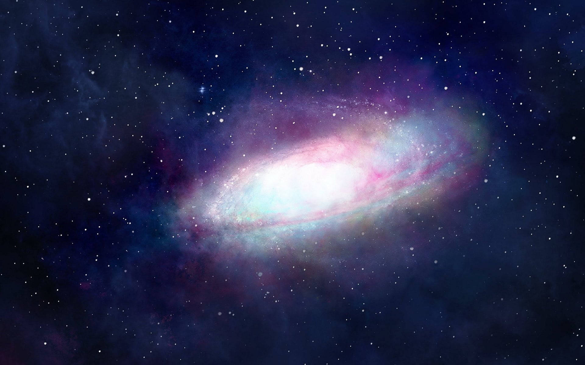 銀河 桌布 壁紙 — 一個充滿活力的螺旋星系在深藍色星空背景下發出粉紅色和白色的光芒。