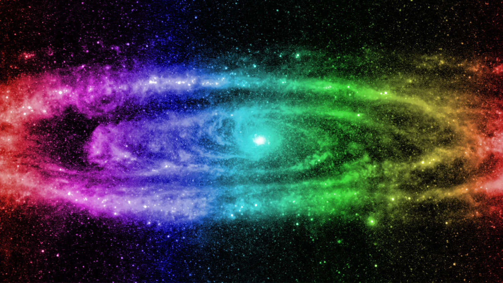 Beautiful Space 桌布 壁紙 — 一個充滿活力的螺旋星系在繁星點點的宇宙背景下散發出紫色、綠色和紅色的彩虹色調。