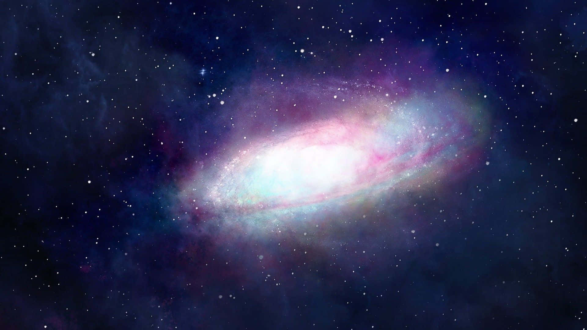 美學桌面動畫 桌布 壁紙 — 一個充滿活力的螺旋星系在繁星點點的宇宙背景下散發出粉紅色和白色的色調。