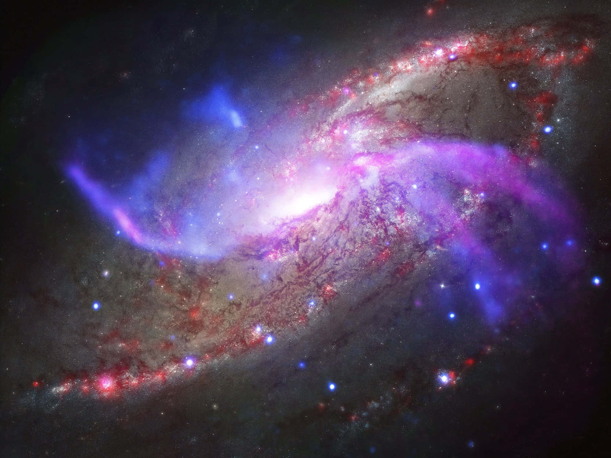 awesome cool 桌布 壁紙 — 一個充滿活力的螺旋星系在黑暗的宇宙背景下旋轉，散發著發光的紫色、藍色和紅色星雲。