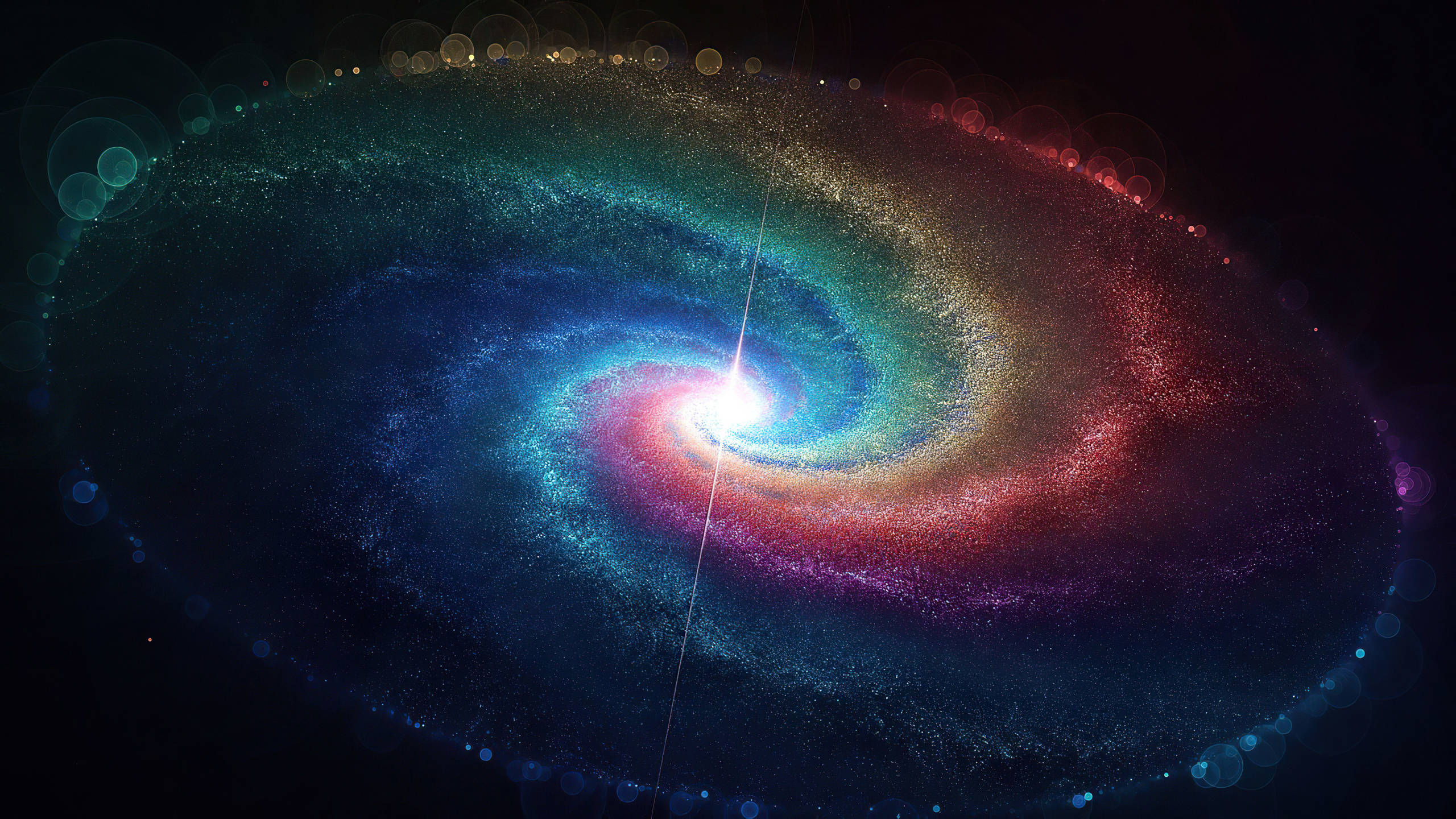 Space 2560x1440 桌布 壁紙 — 一個充滿活力的螺旋星系在黑暗虛空中旋轉，呈現出藍色、綠色和紅色的宇宙色調，並點綴著發光的球體。