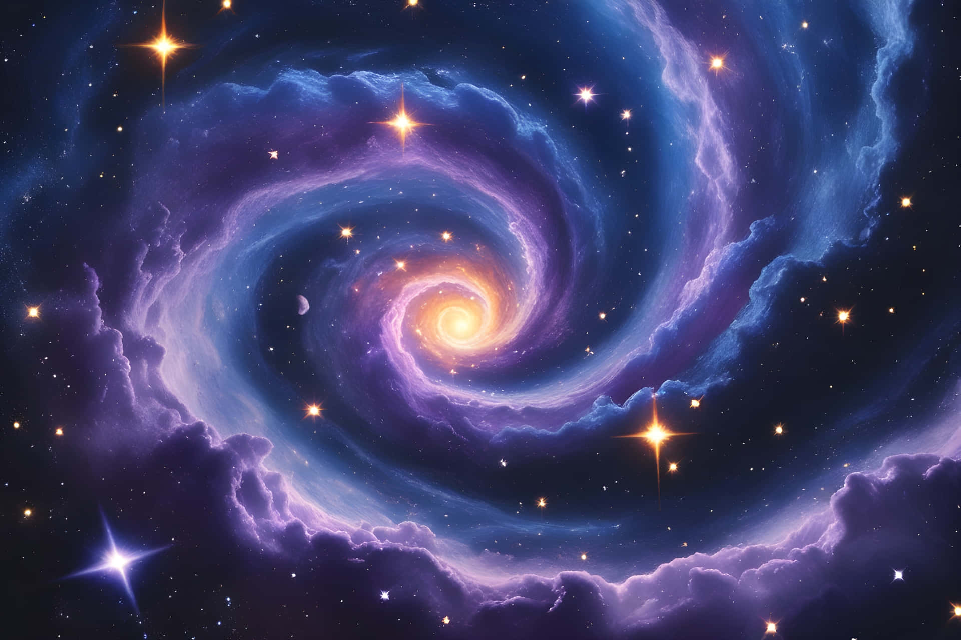Milky Way galaxy 壁紙 — 一個充滿活力的螺旋星系旋轉著，散發著橙色光芒的核心和旋轉的藍紫色星雲，點綴著明亮的星星。