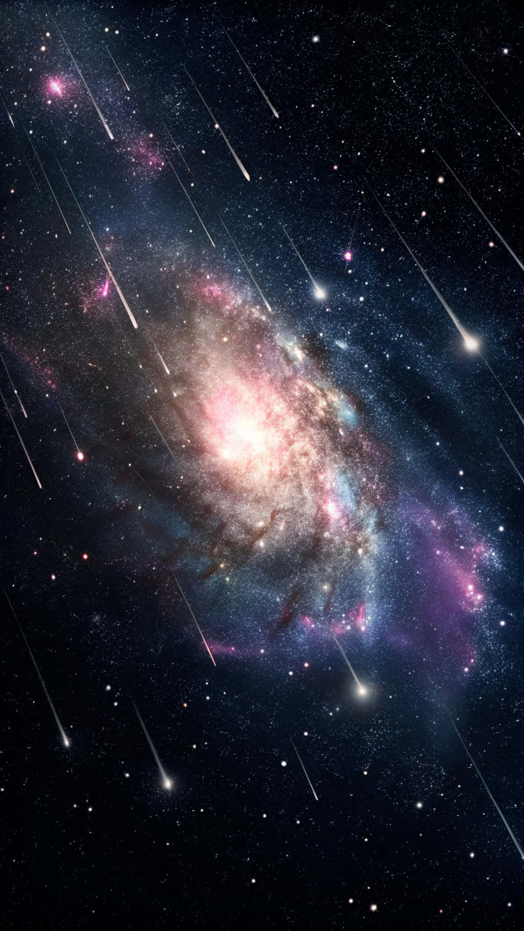 太空 桌布 壁紙 — 一個充滿活力的螺旋星系發出粉紅色和藍色的星雲光芒，流星劃過星場。