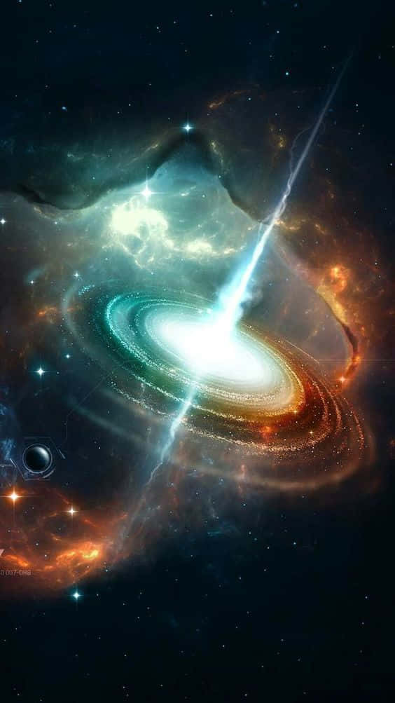 Quasar 桌布 壁紙 — 一個充滿活力的螺旋星系穿過青綠色、橙色和深黑色的漩渦宇宙雲，發射出燦爛的光束。