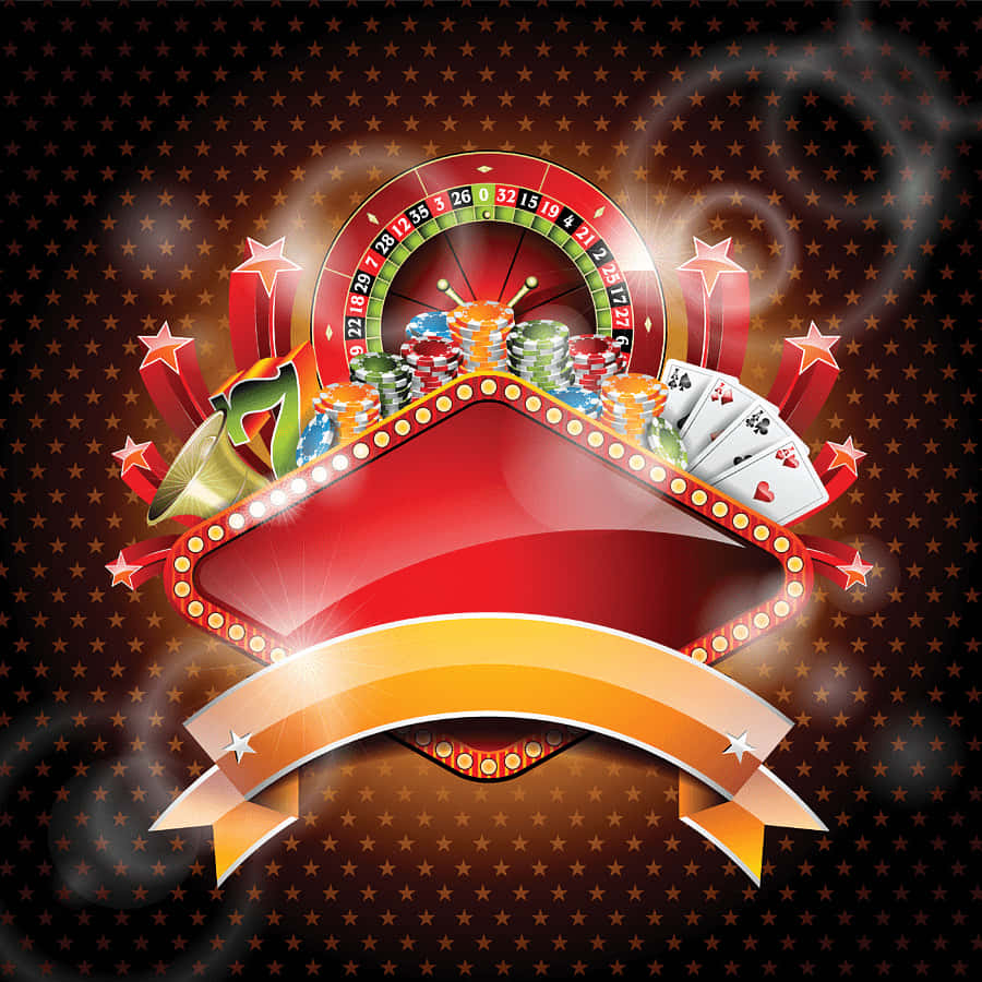 Casino 桌布 壁紙 — 一個充滿活力的賭場主題圖案，包含輪盤、籌碼和撲克牌，周圍環繞著閃爍的星星和金色橫幅。