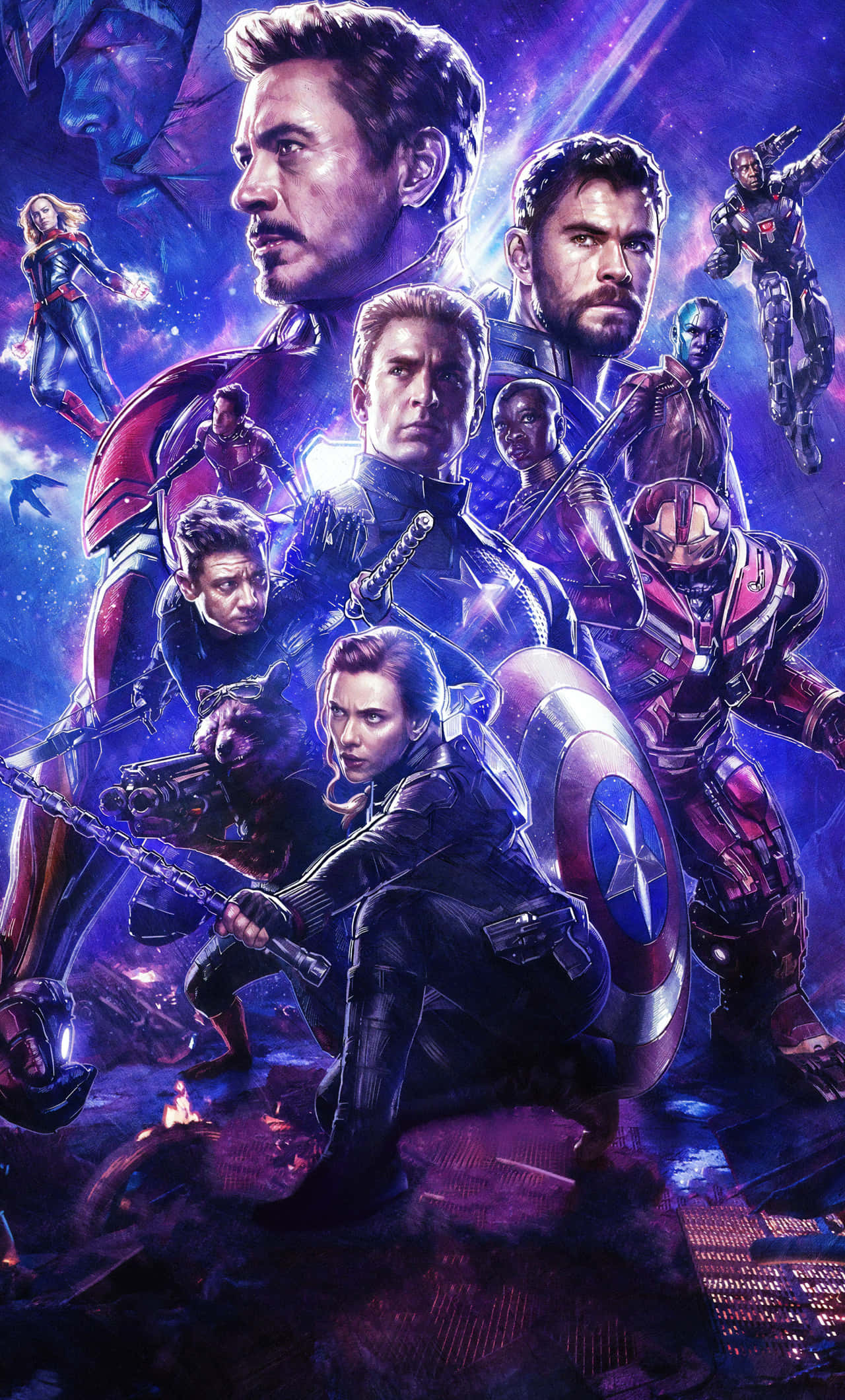 Avengers Endgame iPhone 桌布 壁紙 — 一個充滿活力的超級英雄團隊在宇宙紫色和藍色星空背景下英勇地擺出姿勢。
