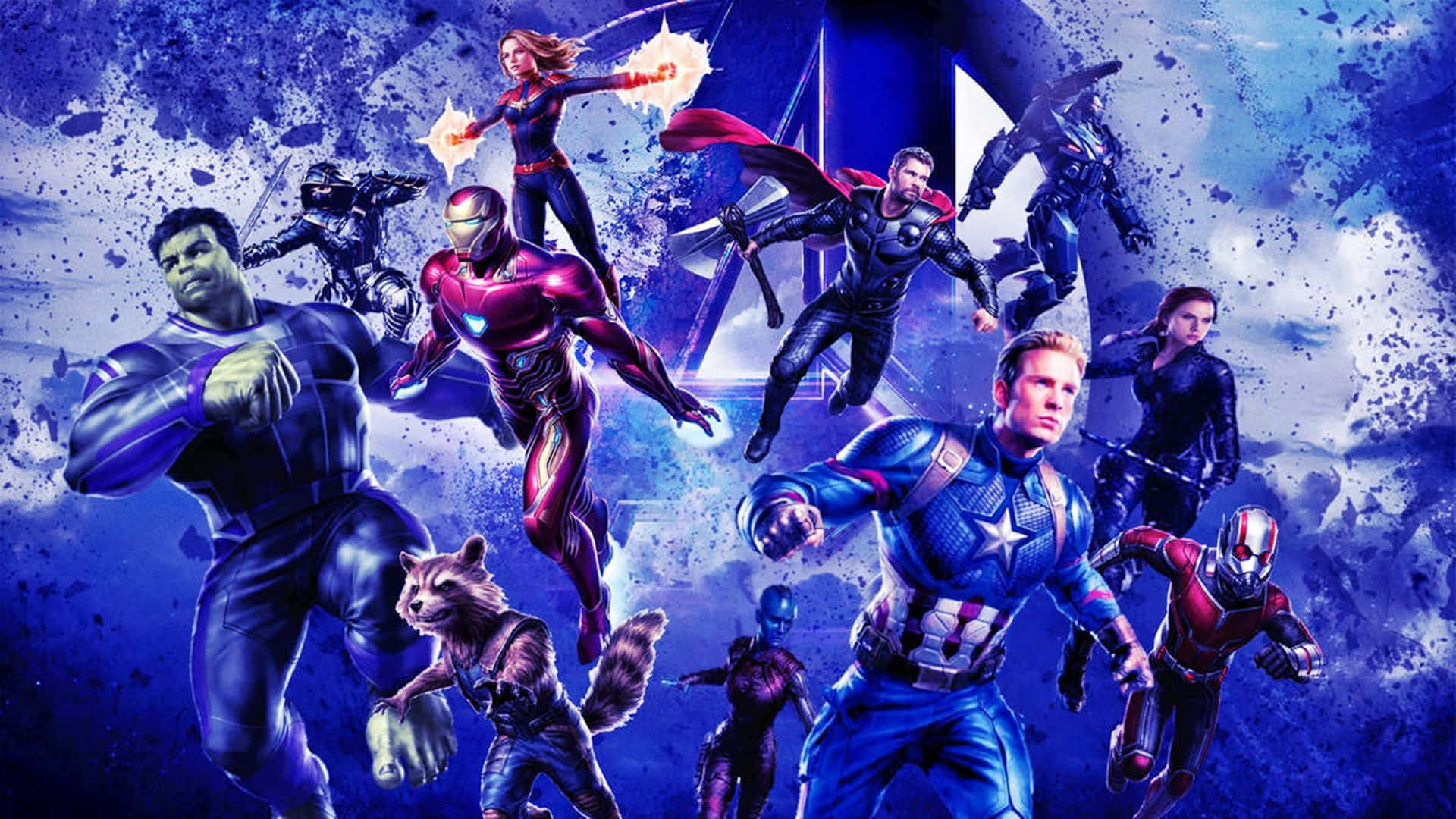Endgame 桌布 壁紙 — 一個充滿活力的超級英雄團隊在宇宙藍色和紫色的破碎背景前英勇地擺出姿勢。
