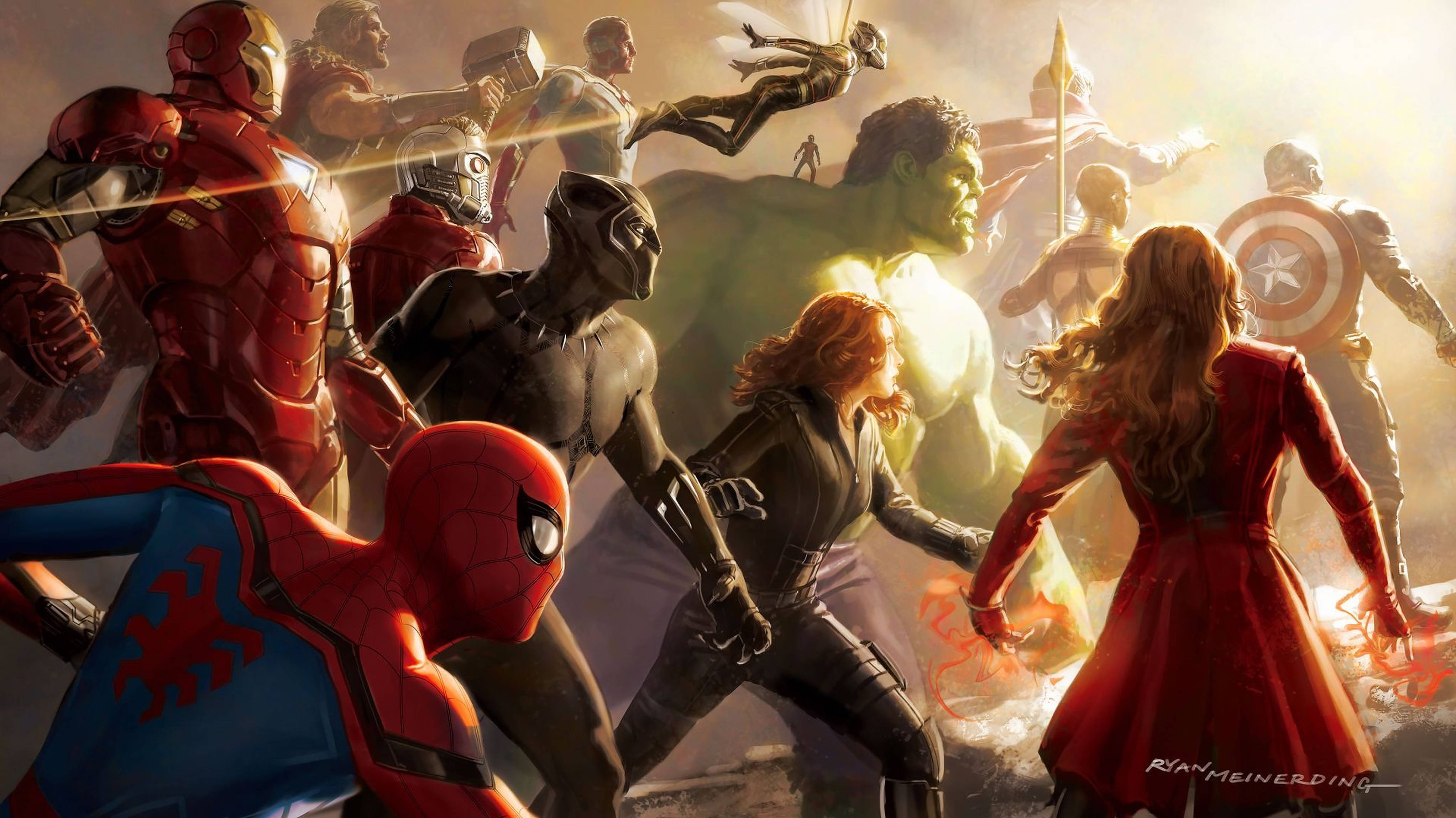 4K Marvel 壁紙 桌布 壁紙 — 一個充滿活力的超級英雄團隊在發光的背景下英勇地擺出姿勢，其中鋼鐵人、浩克和美國隊長尤為突出。