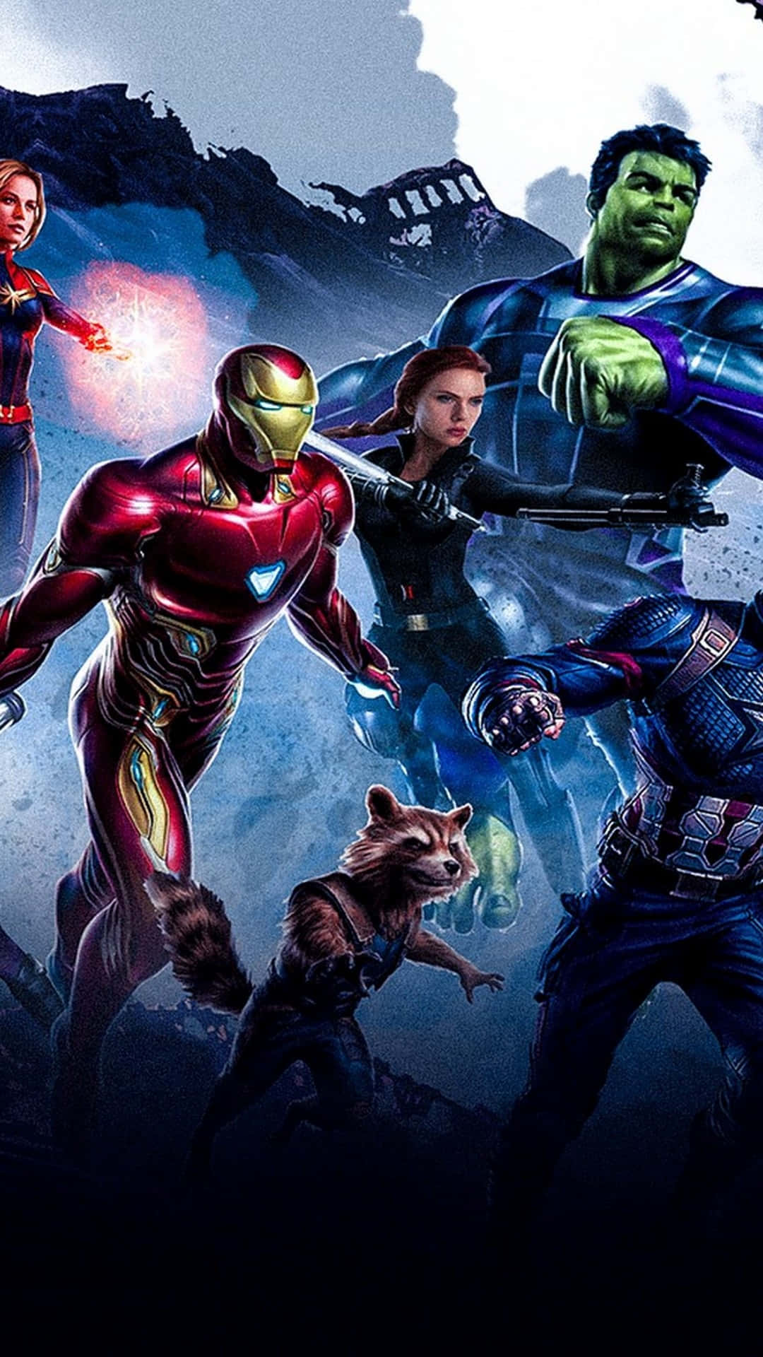 Avengers Endgame iPhone 桌布 壁紙 — 一個充滿活力的超級英雄團隊在風暴山脈背景下，伴隨著發光的能量效果，英勇地擺出姿勢。