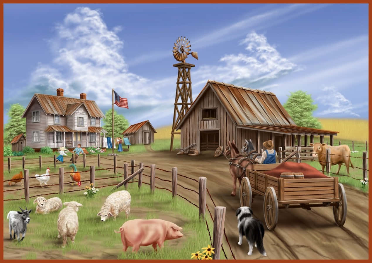 Old Farm 桌布 壁紙 — 一個充滿活力的農場場景，有木製穀倉、風車、農舍、動物和馬車，在藍天下。