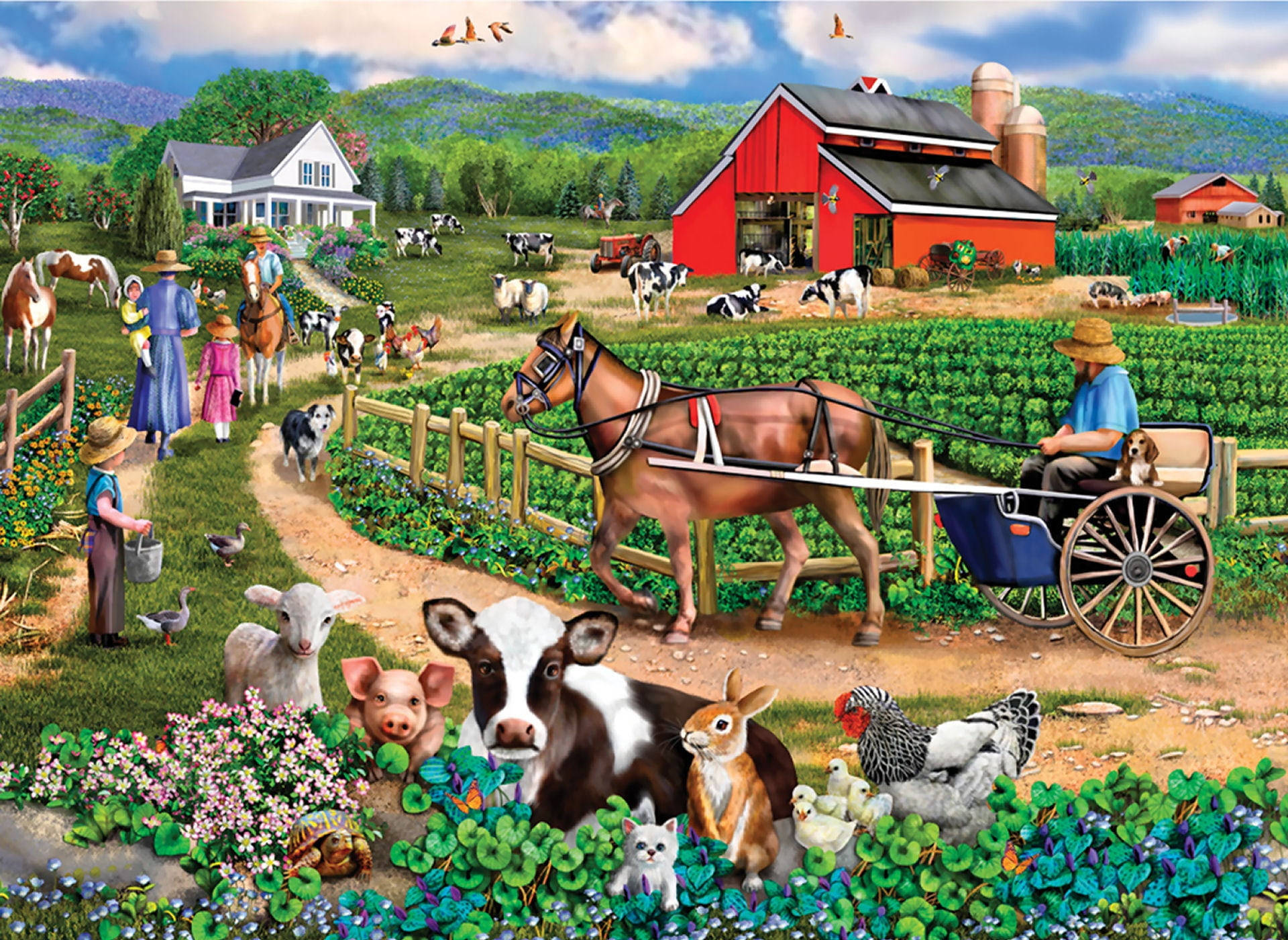 Farmhouse 桌布 壁紙 — 一個充滿活力的農場場景，有紅色穀倉、馬車，以及包括牛、豬和雞在內的多種動物，在茂密的綠色田野中。