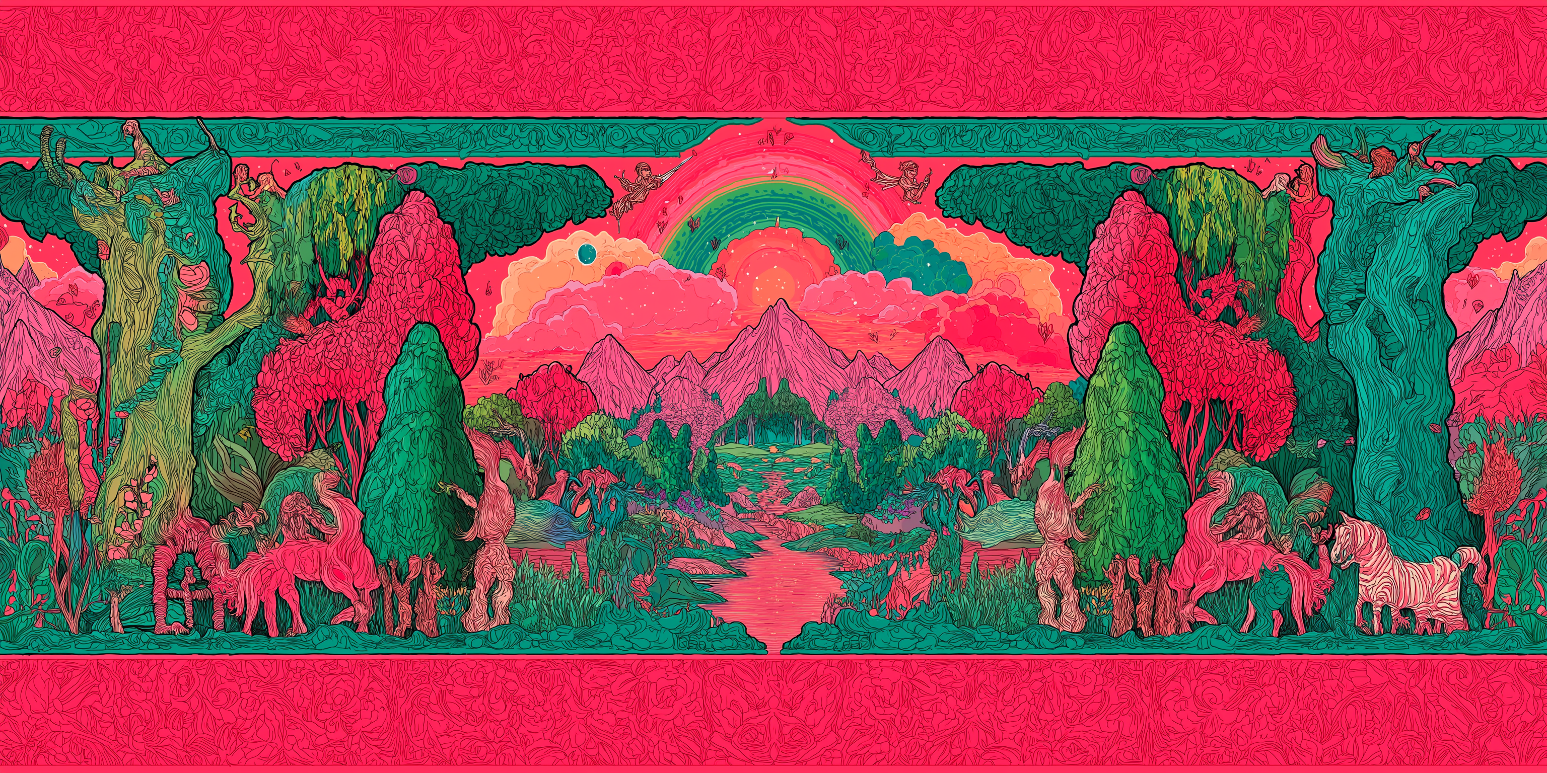 kaleidoscope 桌布 壁紙 — 一個充滿活力的迷幻景觀，有粉紅色的山脈、彩虹和風格化的動物，在超現實的天空下，由華麗的邊框框住。
