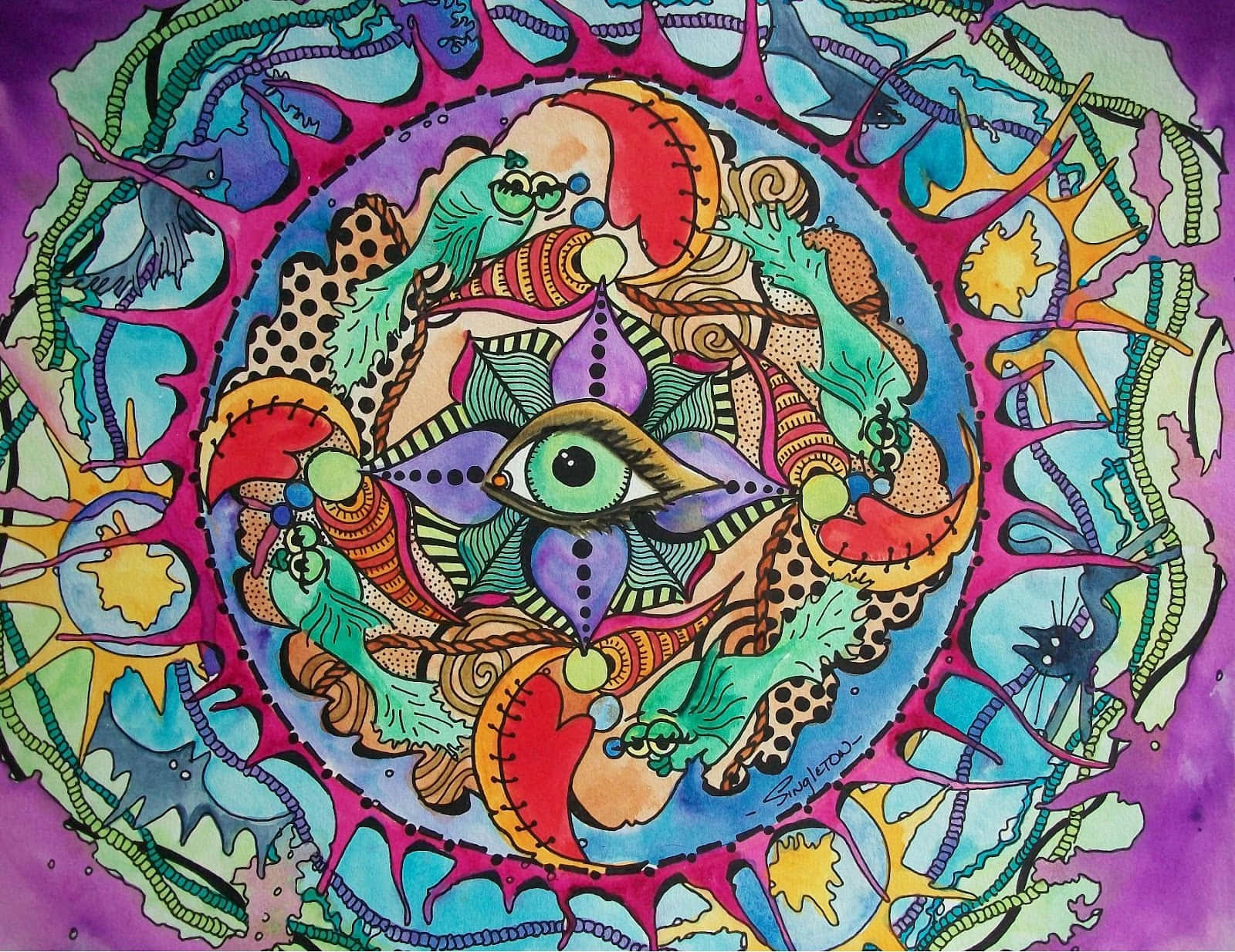 迷幻動圖 桌布 壁紙 — 一個充滿活力的迷幻曼陀羅，中央有一隻眼睛，周圍環繞著漩渦圖案和色彩繽紛的抽象形狀。