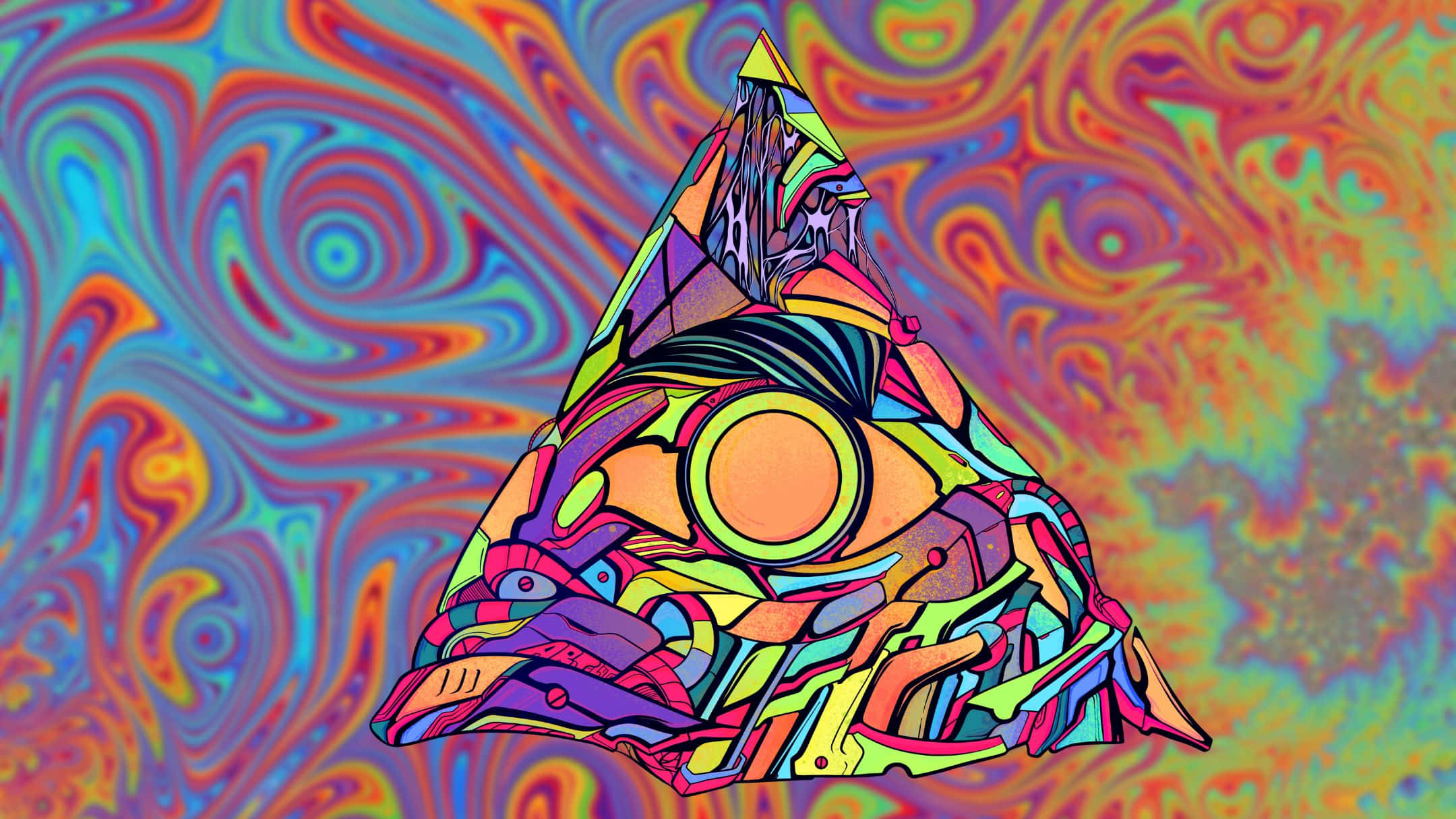 酷 桌布 壁紙 — 一個充滿活力的迷幻金字塔，帶有複雜的圖案，漂浮在旋轉的多彩背景上。