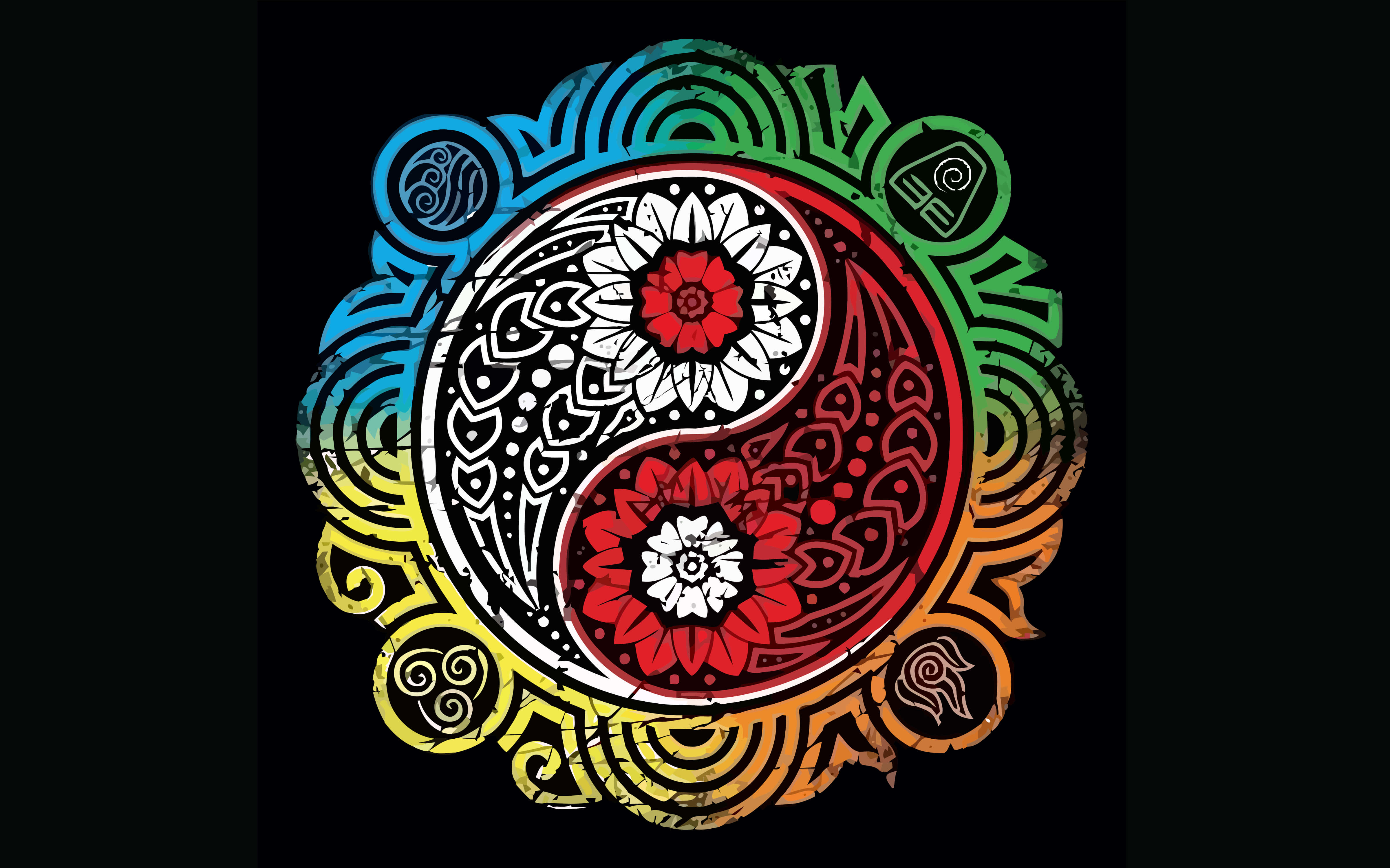 花卉 桌布 壁紙 — 一個充滿活力的迷幻陰陽符號，帶有花卉曼陀羅圖案和彩虹漸變漩渦，背景為黑色。
