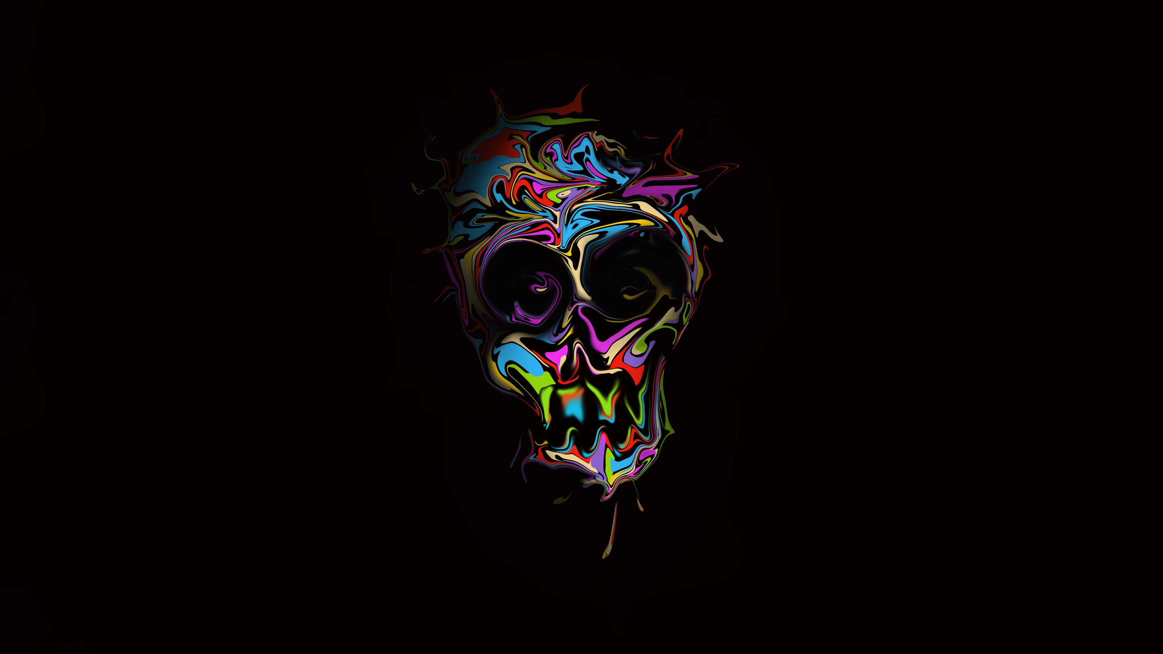 Awesome Skull 桌布 壁紙 — 一個充滿活力的迷幻頭骨，帶有旋轉的彩虹色，在純黑色背景上滴落。