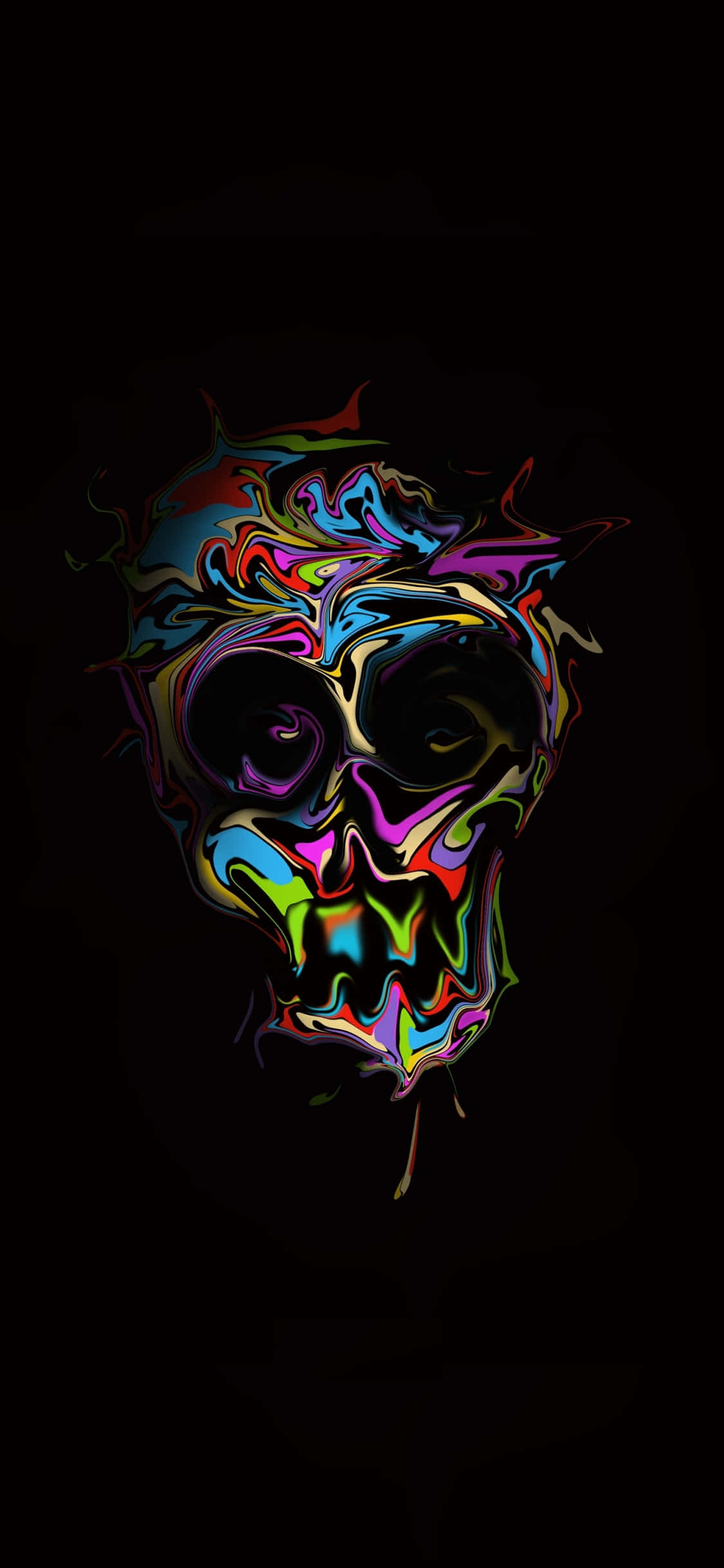 桌布 壁紙 — 一個充滿活力的迷幻骷髏頭，帶有旋轉的彩虹色，背景為黑色。
