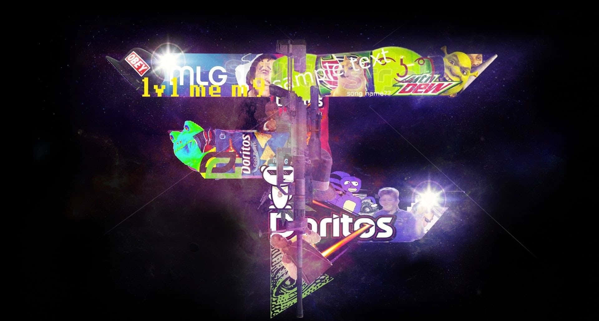 Mlg 桌布 壁紙 — 一個充滿活力的遊戲和零食品牌標誌拼貼畫漂浮在星光燦爛的宇宙虛空中，帶有發光的高光。