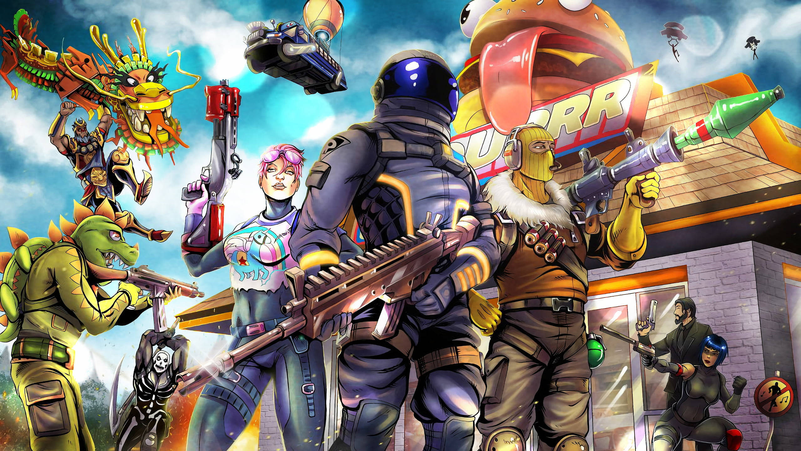 Fortnite 桌布 壁紙 — 一個充滿活力的遊戲場景，特色是不同角色手持武器，在明亮的天空下有一個巨大的漢堡招牌。