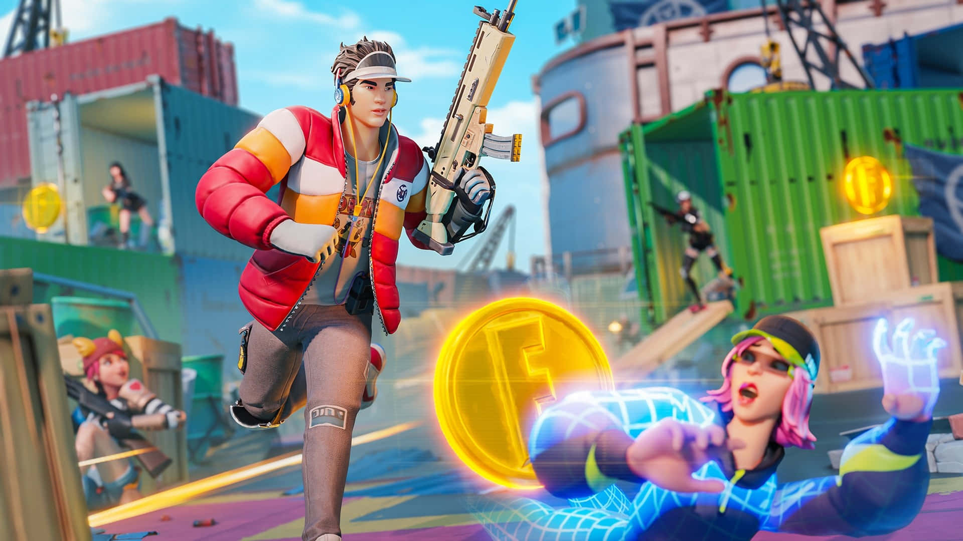 Fortnite 桌布 壁紙 — 一個充滿活力的遊戲場景，角色們在色彩繽紛的貨櫃場揮舞著未來武器和發光金幣。