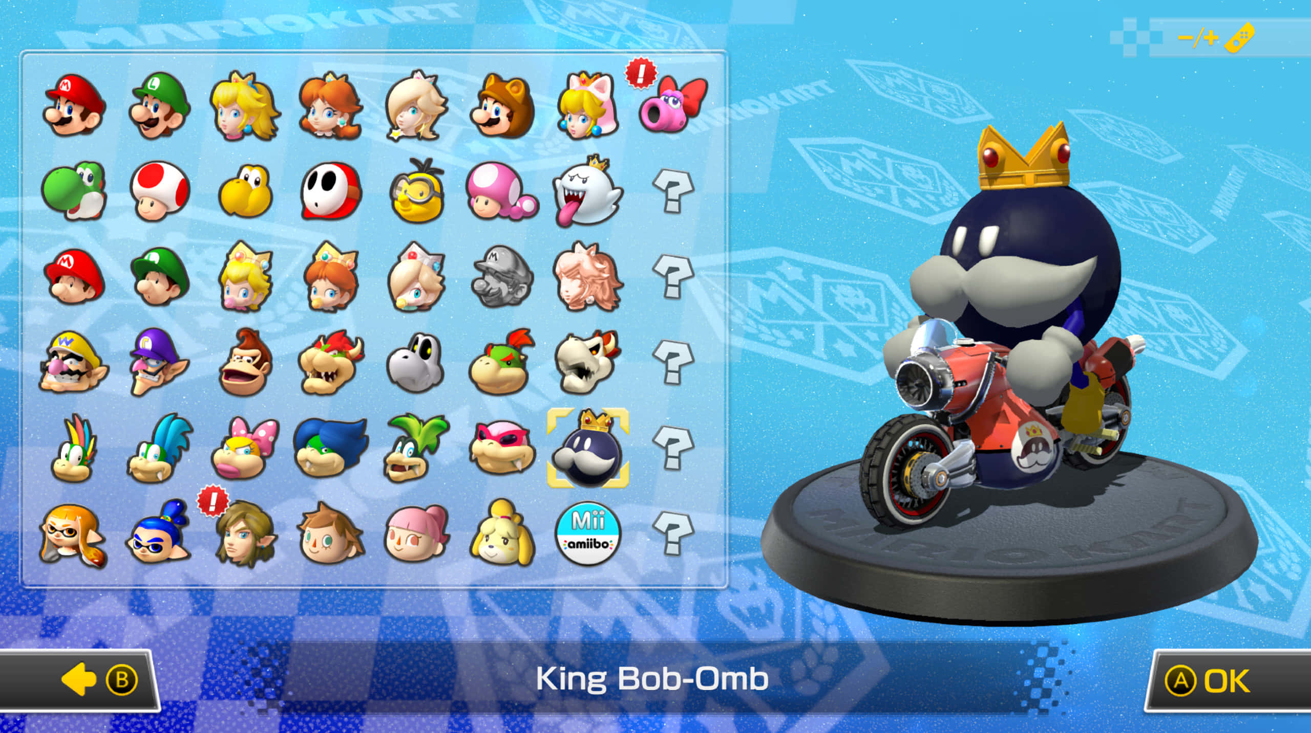 Bob-omb 桌布 壁紙 — 一個充滿活力的遊戲角色選擇畫面， featuring King Bob-Omb 戴著皇冠騎在紅色摩托車上。