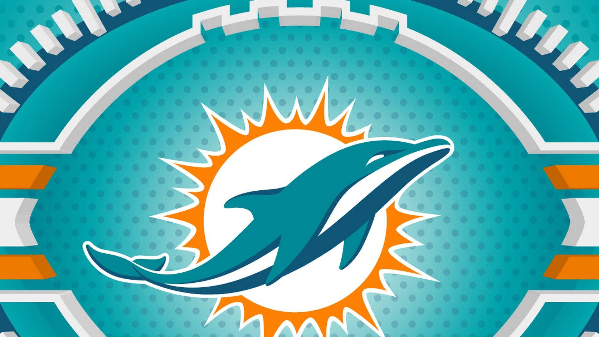 dolphins 桌布 壁紙 — 一個充滿活力的邁阿密海豚隊標誌，有一隻跳躍的海豚，背景是藍綠色太陽爆發圖案，由幾何拱門框住。