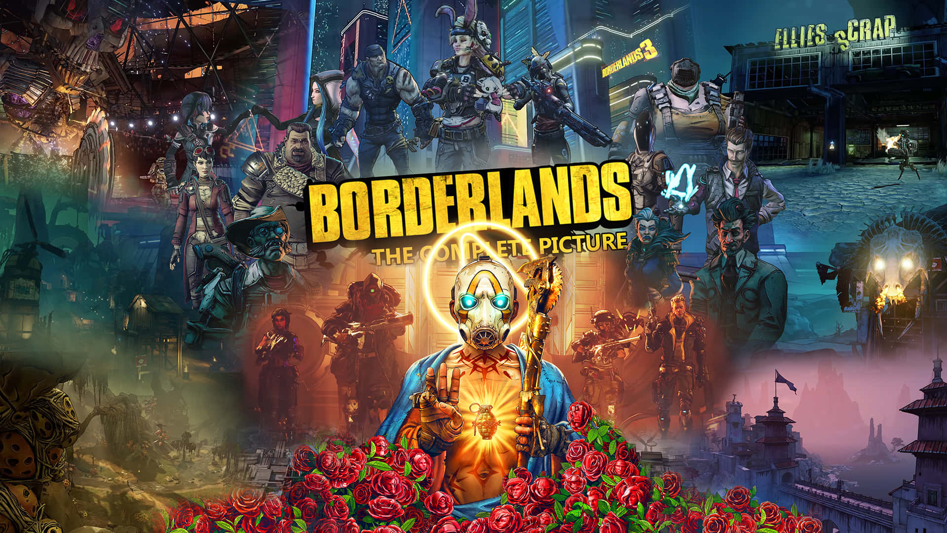 Best Borderlands 3 桌布 壁紙 — 一個充滿活力的邊緣禁地角色拼貼畫，背景是混亂的科幻荒原，帶有發光的霓虹燈標誌和底部的紅玫瑰。