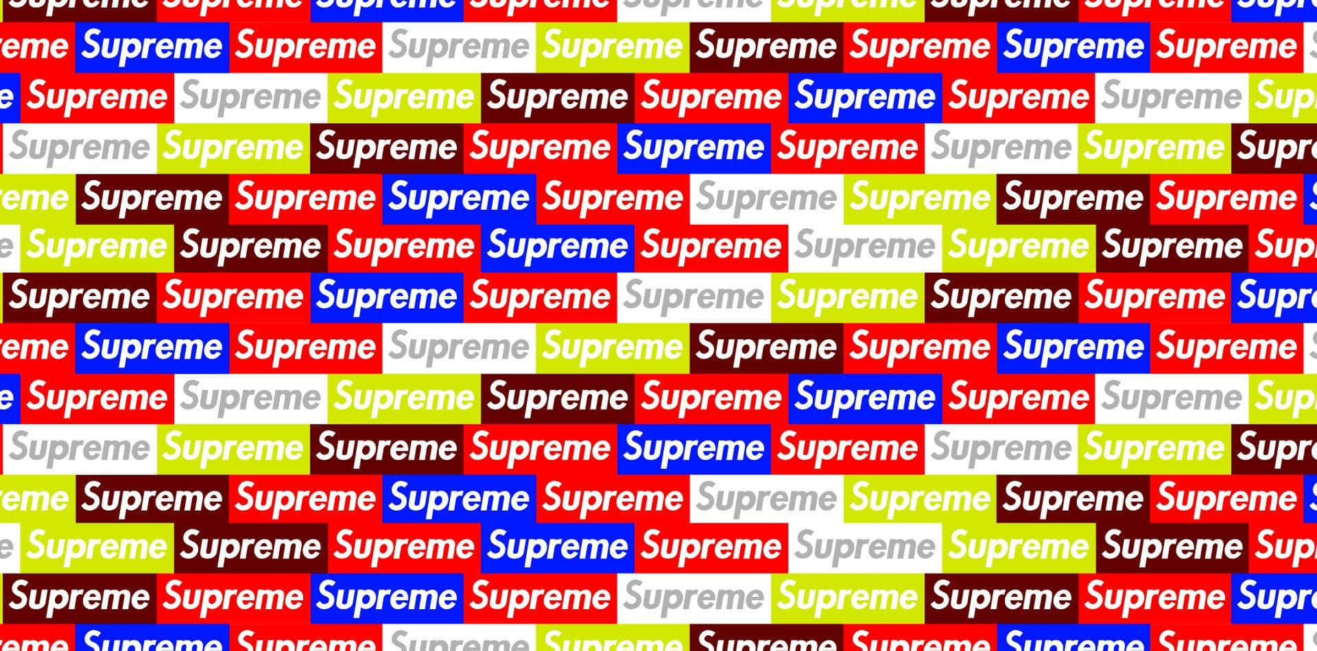 Spongebob Supreme 桌布 壁紙 — 一個充滿活力的重複圖案，以鮮明的紅色、藍色、綠色和白色區塊呈現「Supreme」標誌。