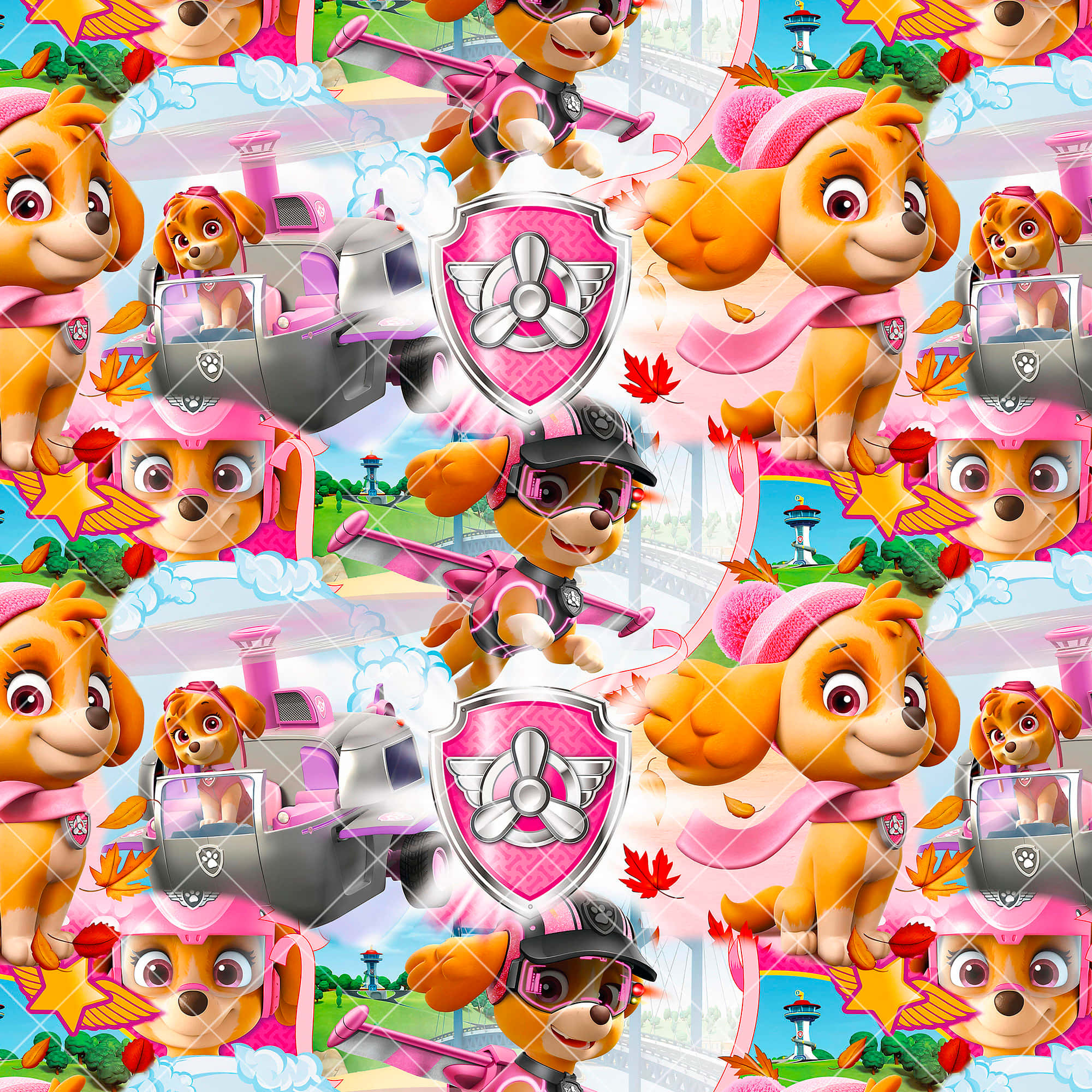 Skye Paw Patrol 桌布 壁紙 — 一個充滿活力的重複圖案，描繪了《汪汪隊立大功》中的Skye穿著粉紅色飛行裝備，帶著她的直升機和盾牌在明亮的天空和秋葉中翱翔。