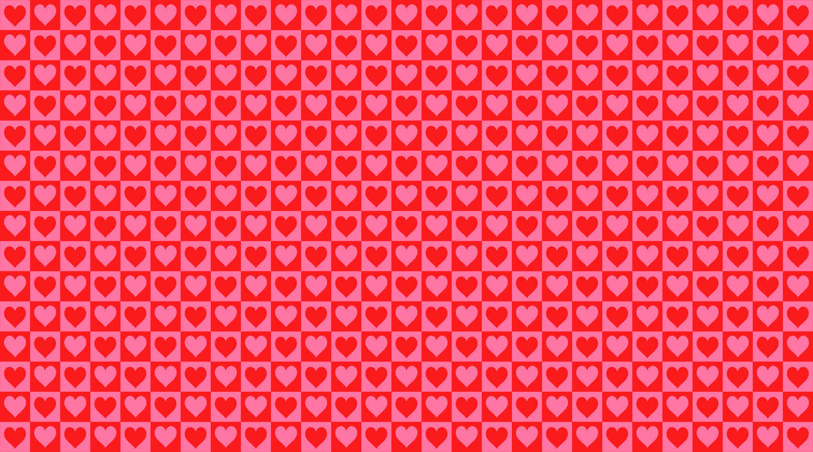 Valentines 桌布 壁紙 — 一個充滿活力的重複圖案，由交替的紅色和粉紅色心形組成，形成大膽的幾何壁紙設計。