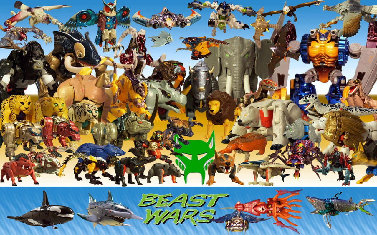 Beast Wars Transformers 桌布 壁紙 — 一個充滿活力的野獸戰爭玩具公仔系列，展示動物在明亮藍天背景下變身為機械戰士。
