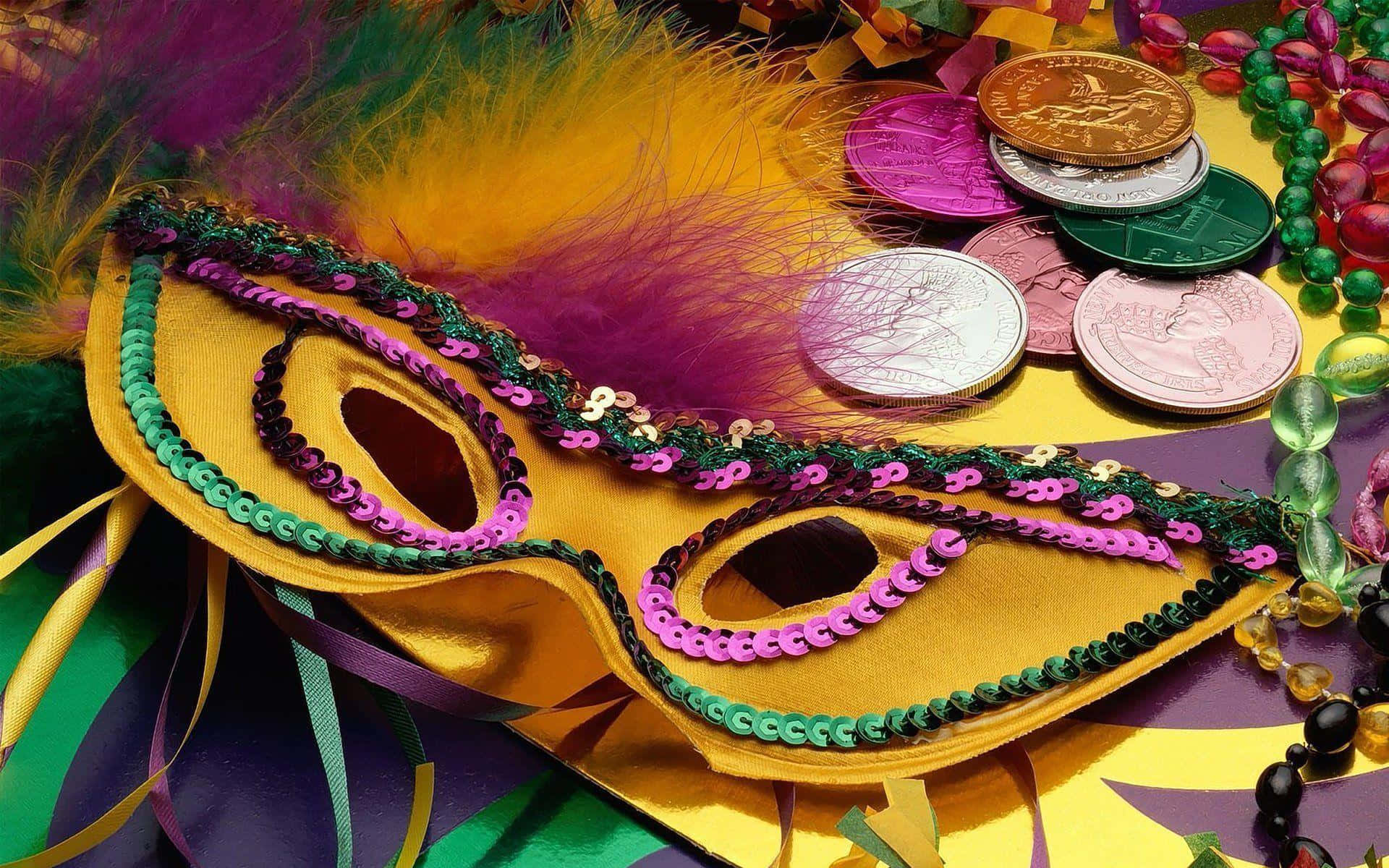Mardi Gras 桌布 壁紙 — 一個充滿活力的金色化妝舞會面具，飾有紫色、綠色和黃色亮片和羽毛，放置在色彩繽紛的硬幣和珠子之間。
