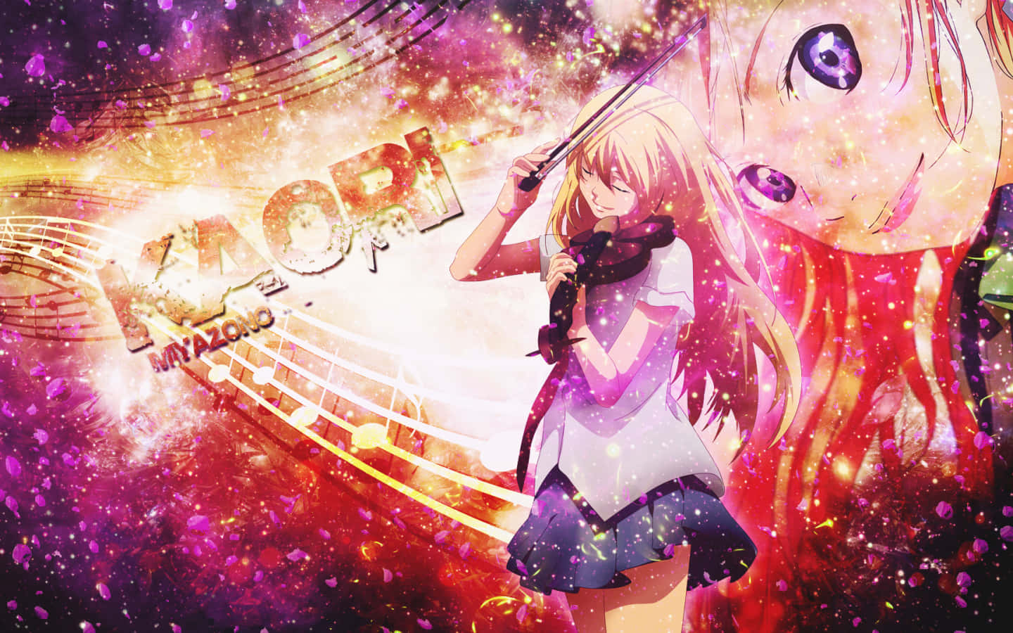 Your Lie In April 桌布 壁紙 — 一個充滿活力的金髮動漫女孩在閃爍的宇宙背景下拉小提琴，伴隨著音符和發光文字。