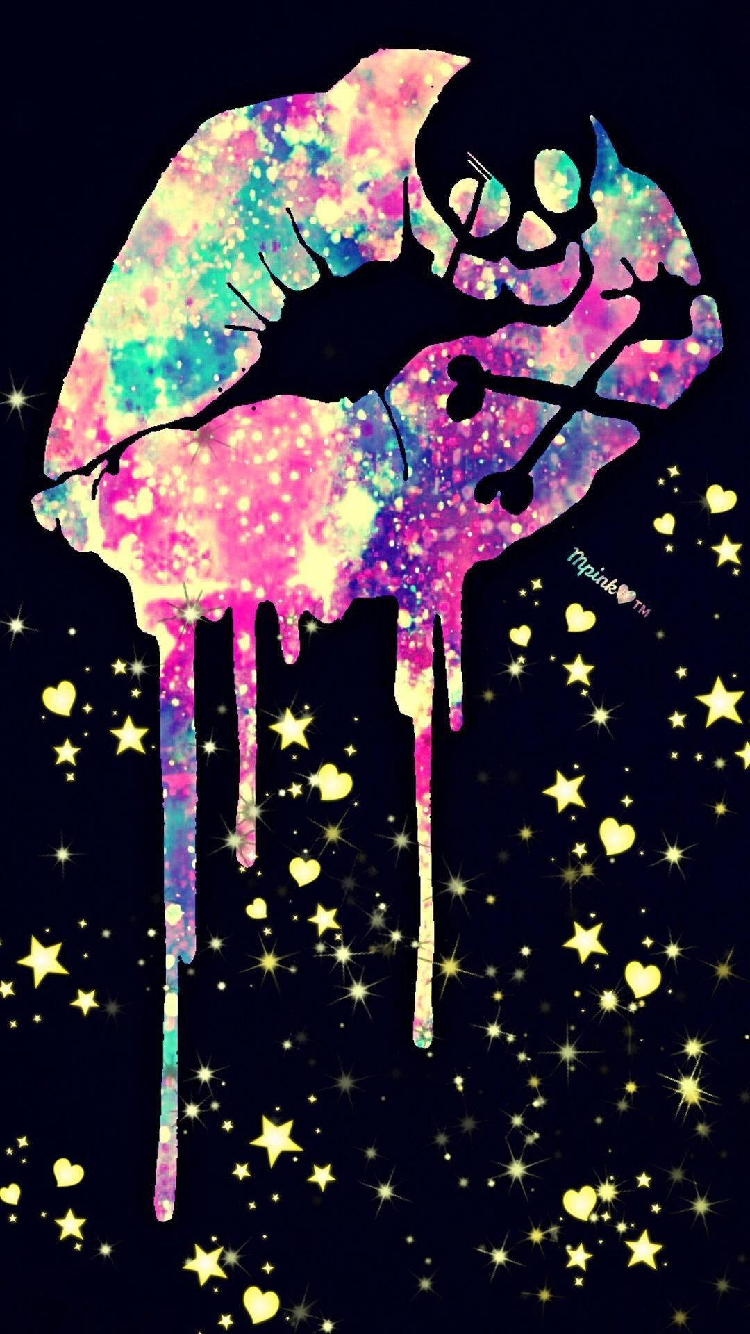 Cute Art 桌布 壁紙 — 一個充滿活力的銀河色親吻剪影，在滿是金色心形的星空夜空中滴落閃粉。